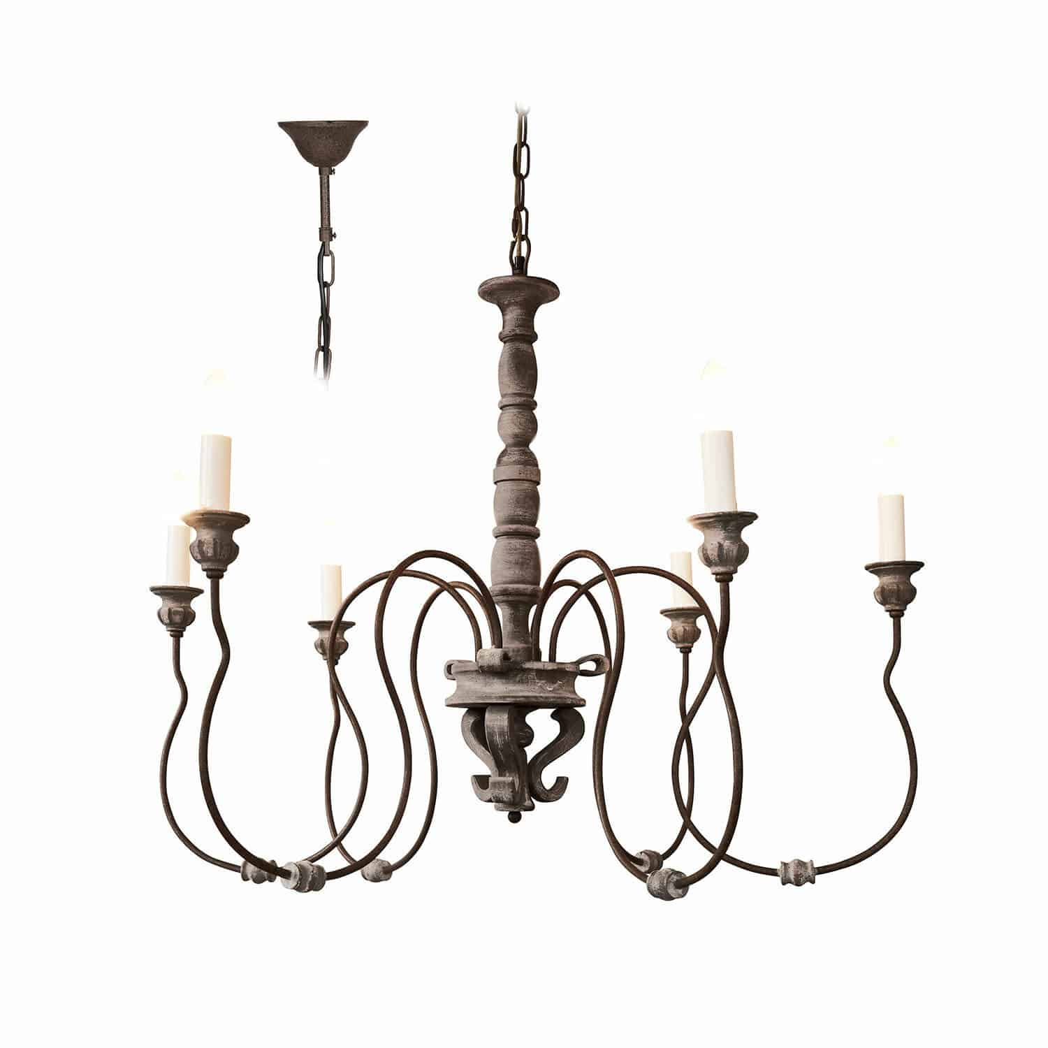 Lámpara de araña Gavrelle Lámpara rústica de metal y madera marrón con seis velas para salón o comedor