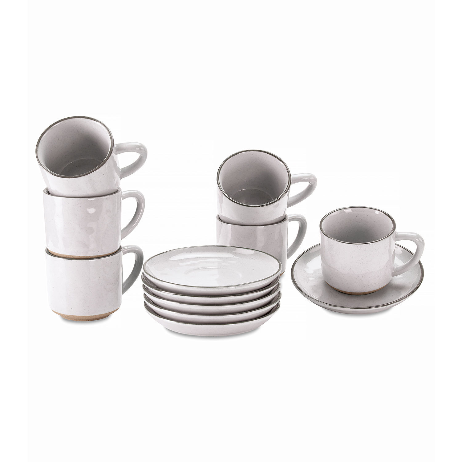 Set de 6 tazas y platillos Biarré Juego de tazas y platos de cerámica blanca con borde gris claro para café y té