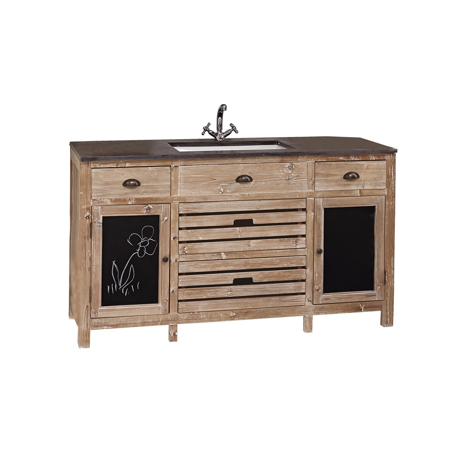 Mueble fregadero Rawlings de madera natural con superficie negra y grifo metálico