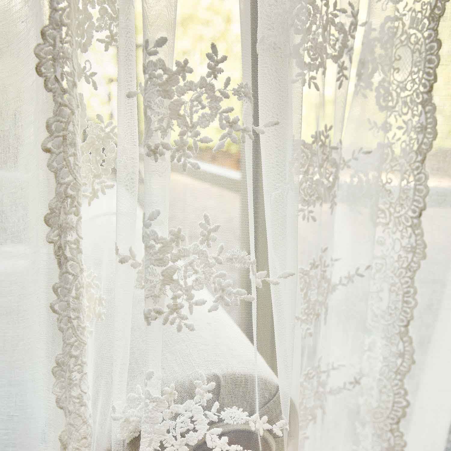 Cortina blanca delicada con bordado floral, ligera y translúcida para decoración de ventanas