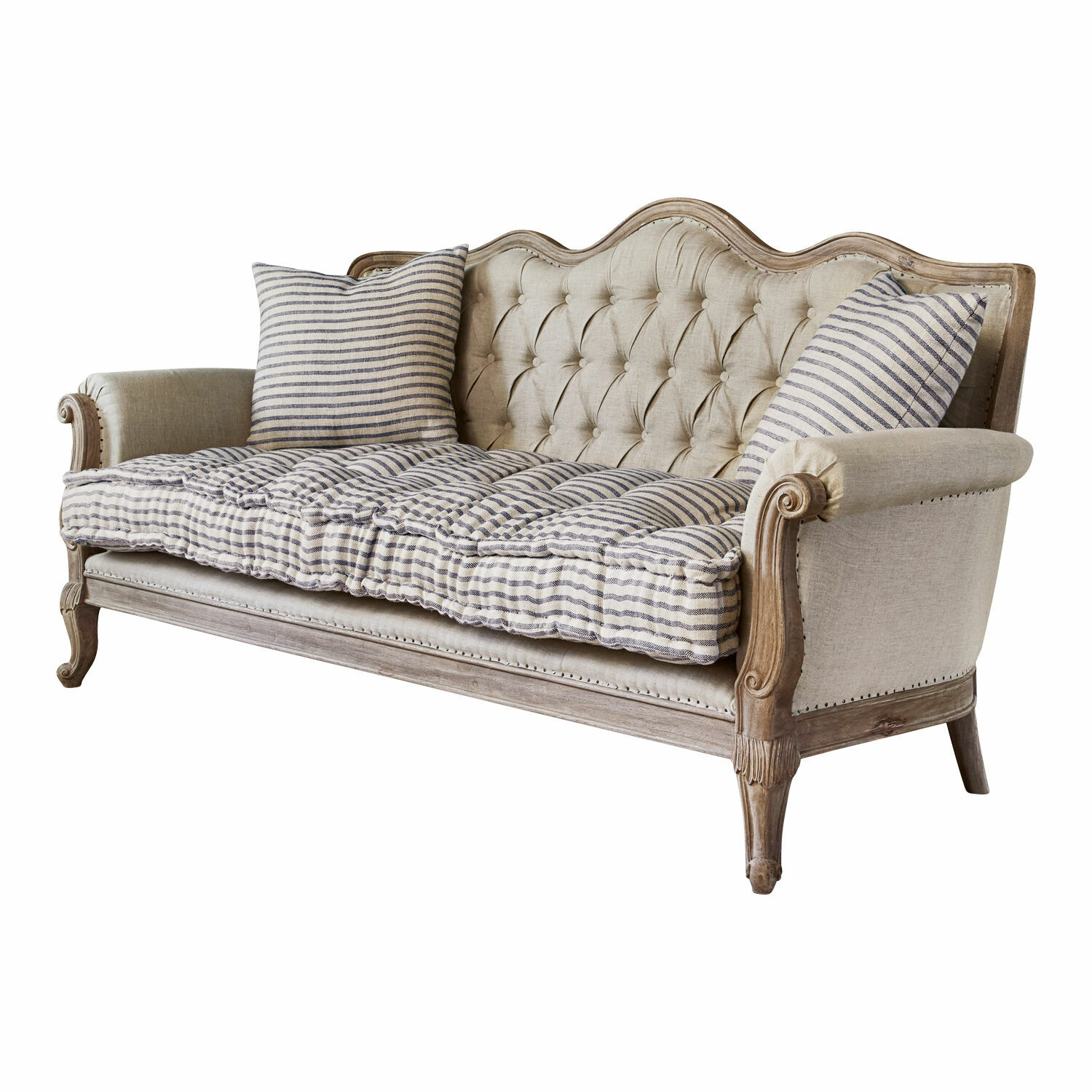 Sofa Malabon Sofá vintage con marco de madera y tapicería beige con cojines a rayas para sala