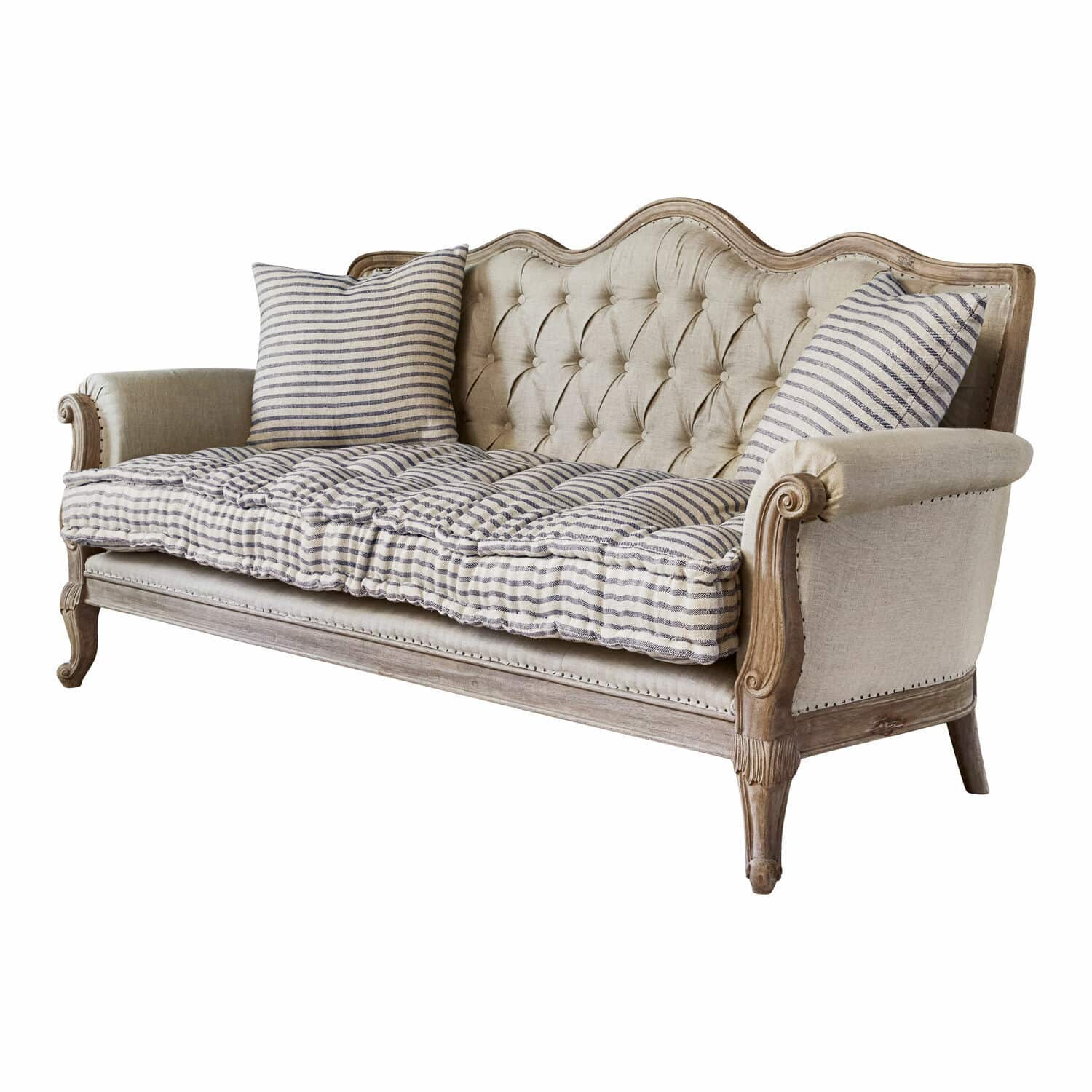 Sofa Malabon Sofá vintage con marco de madera y tapicería beige con cojines a rayas para sala