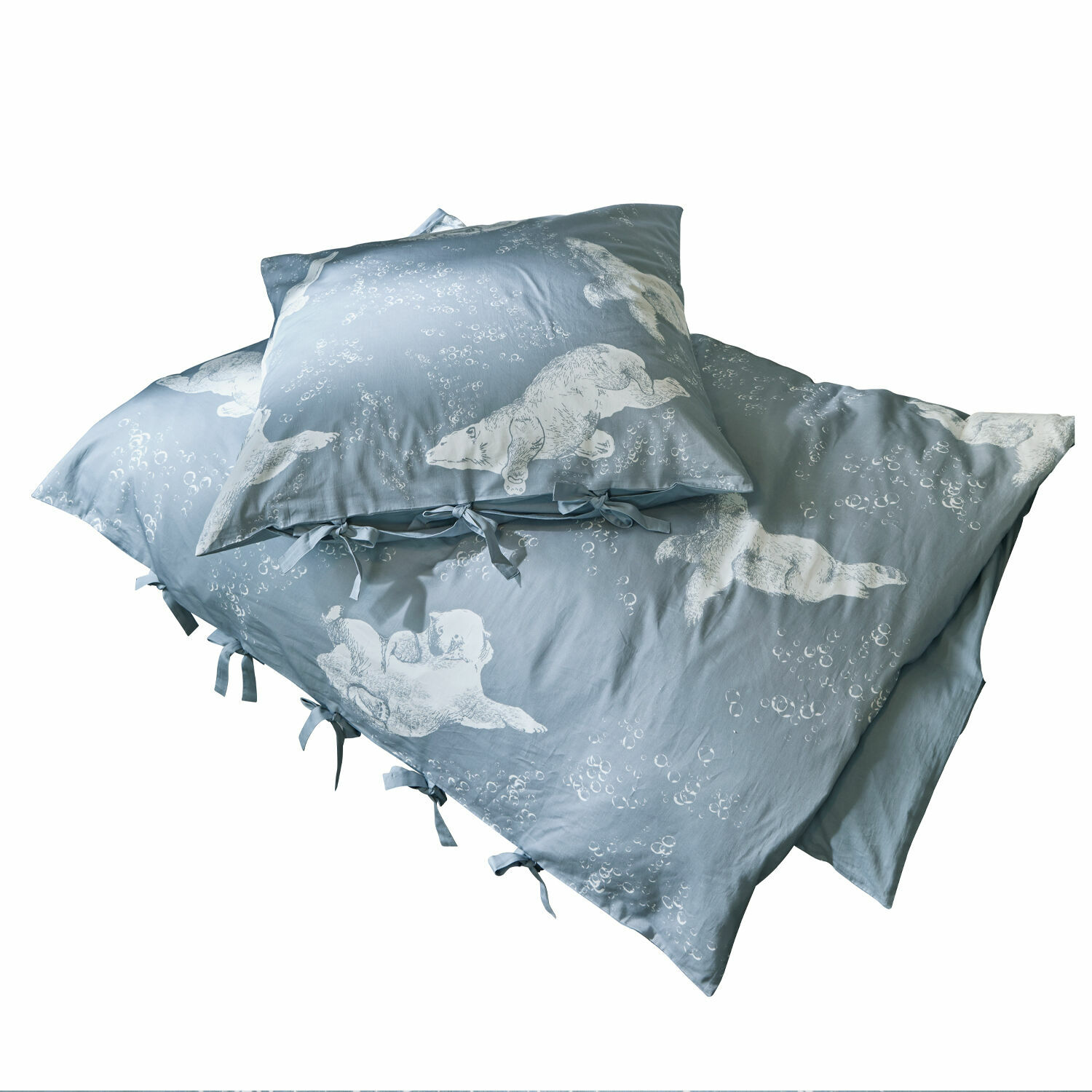 Ropa de cama Hugo Ropa de cama azul de algodón con estampado de osos polares blancos y lazos, decorativa y cómoda