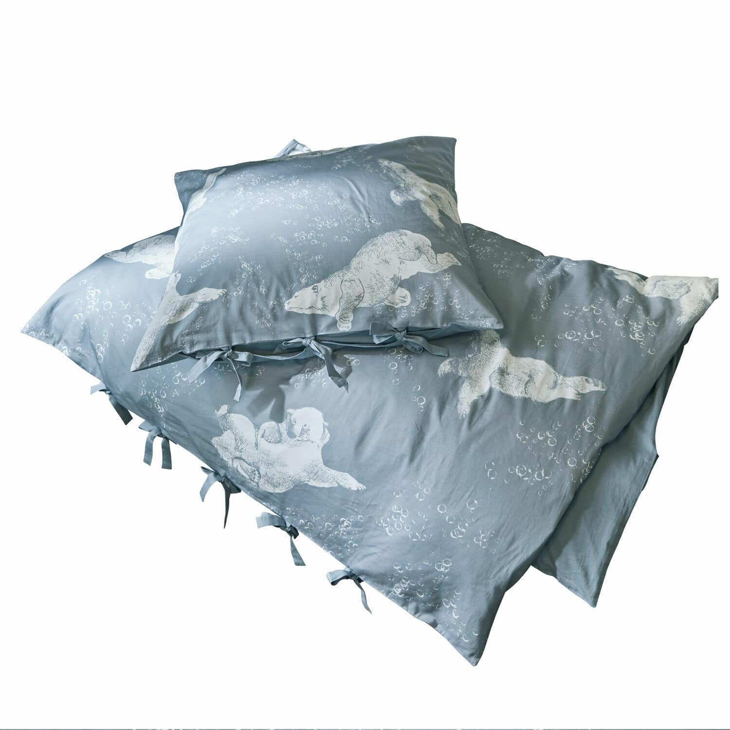 Ropa de cama Hugo Ropa de cama azul de algodón con estampado de osos polares blancos y lazos, decorativa y cómoda