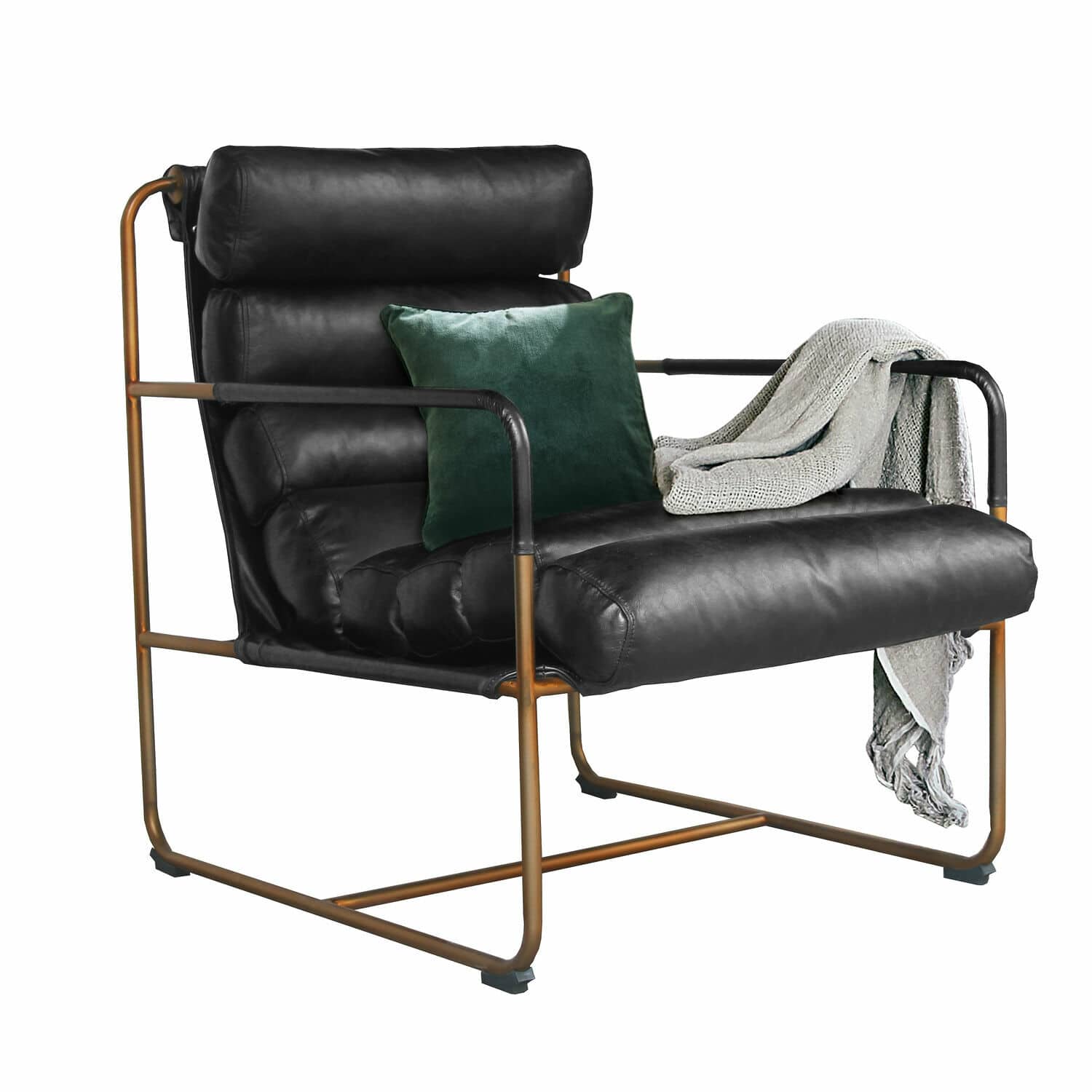 Sillón Jelvano Sillón negro de cuero suave con estructura metálica cobre, cojín verde y manta gris