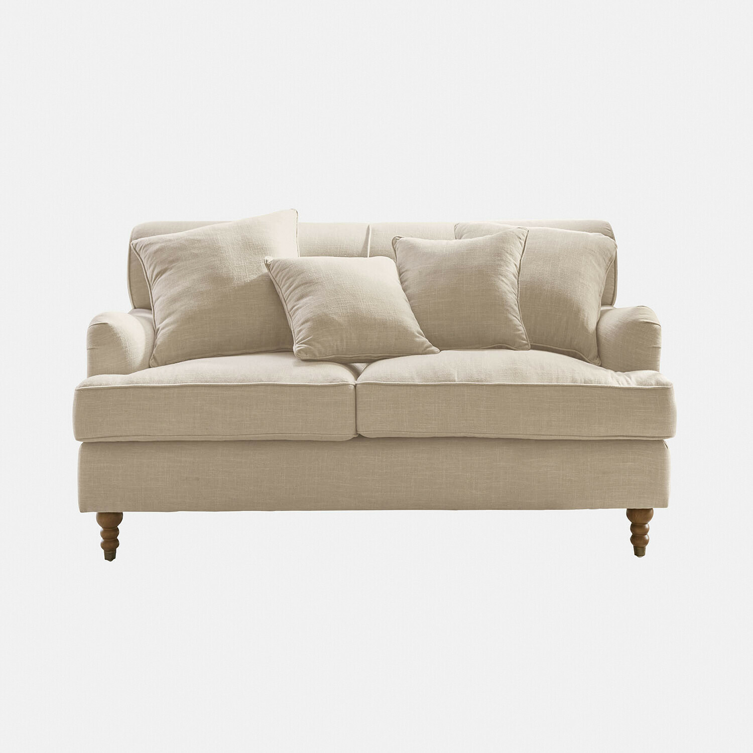 Sofá Isa de lino beige con cojines y patas de madera, mueble cómodo para salón