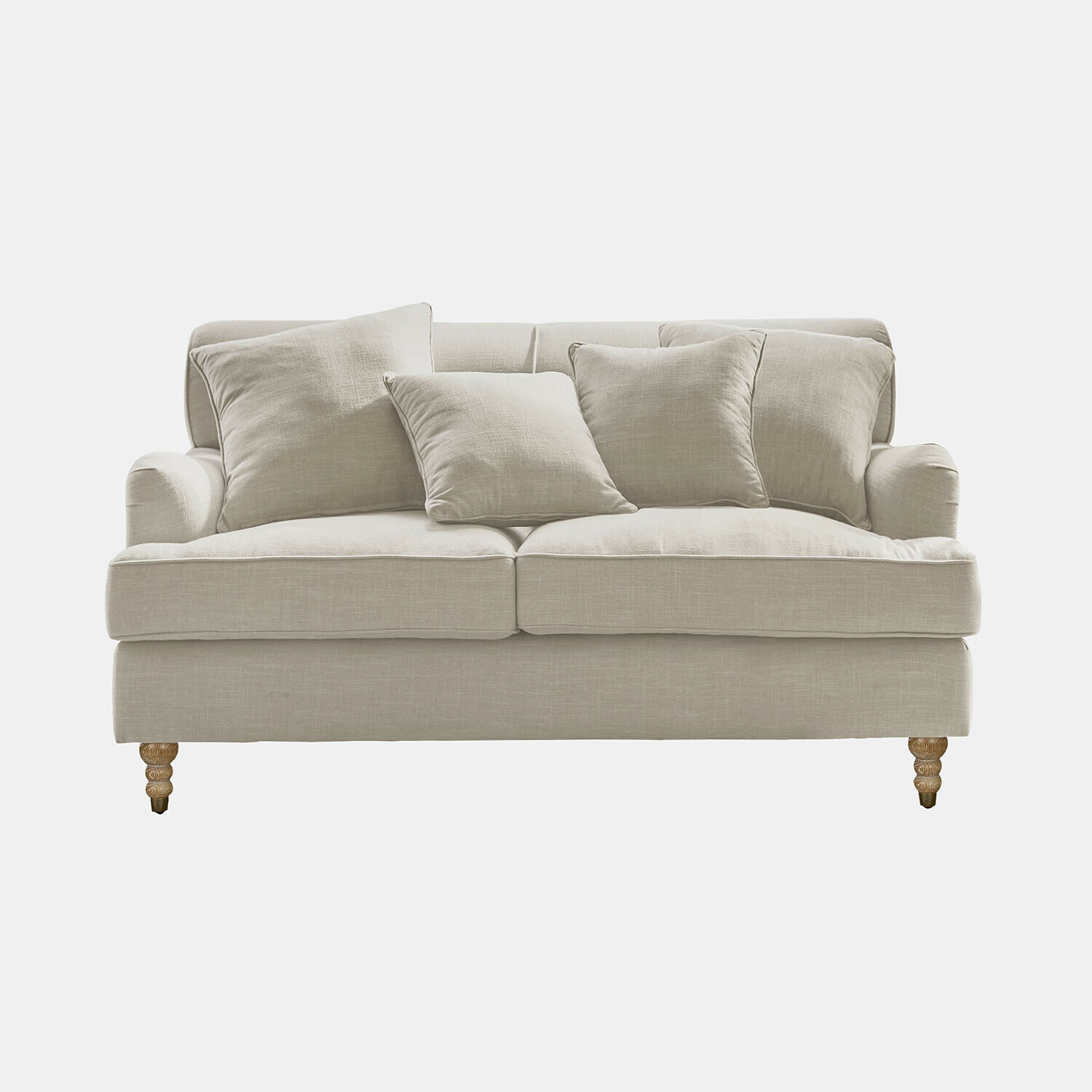Sofá Isa de lino beige con cojines y patas de madera, mueble cómodo para salón