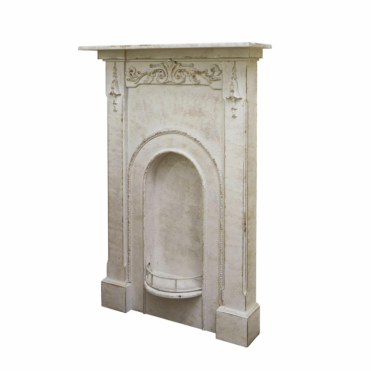 Consola de chimenea Câlanette Chimenea decorativa blanca de piedra artificial con relieves ornamentales y repisa, estilo vintage