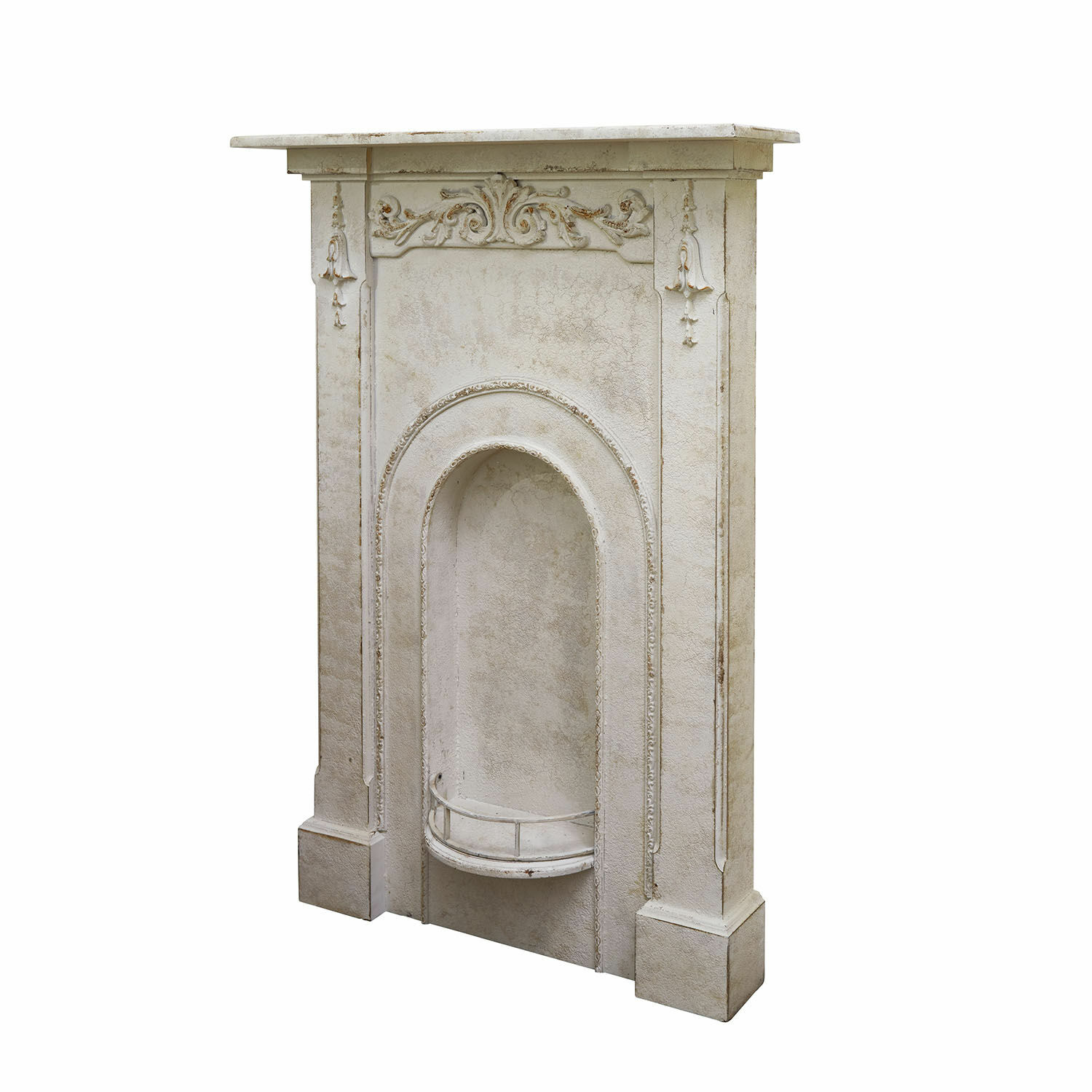 Consola de chimenea Câlanette Chimenea decorativa blanca de piedra artificial con relieves ornamentales y repisa, estilo vintage