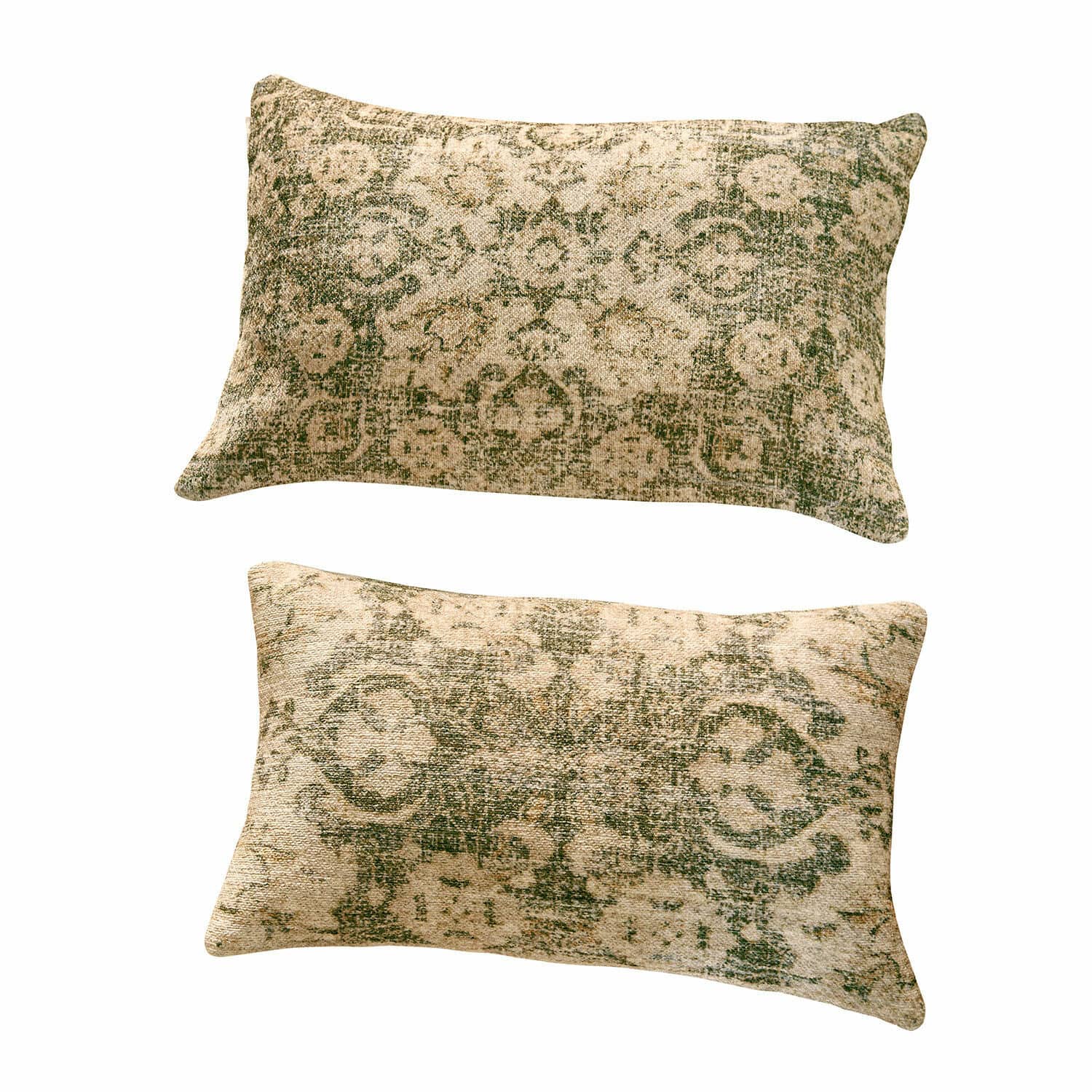 Set de 2 fundas de cojín Calperino Conjunto de dos cojines rectangulares con diseño verde sobre tela beige, textiles para sala