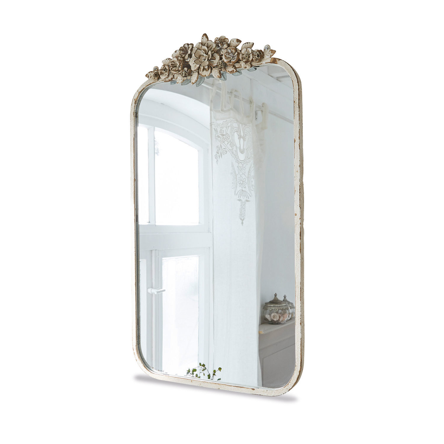 Espejo Veilleures Espejo de pared con marco blanco envejecido y decoración floral, estilo vintage para salón