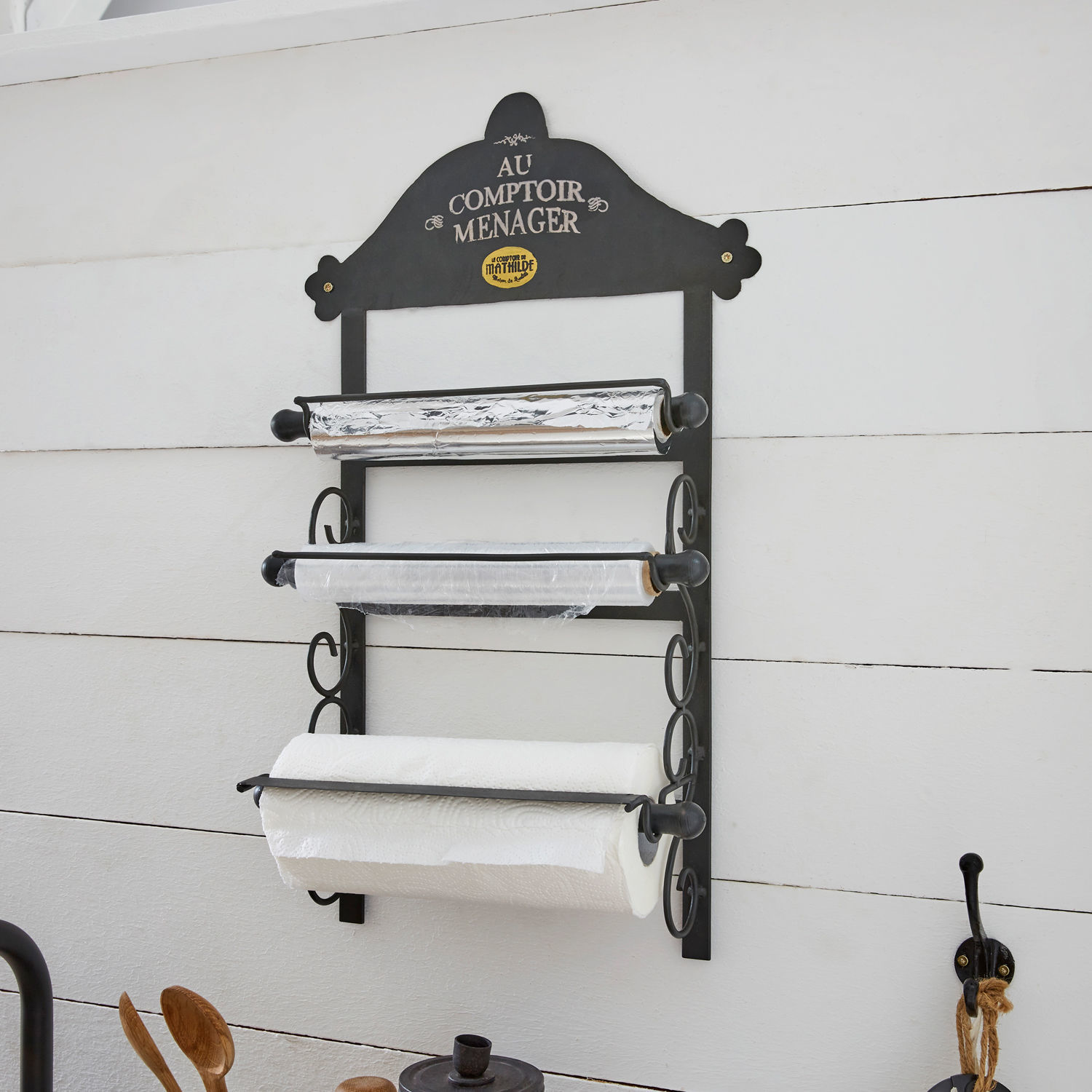 Dispensador Isigny Soporte de pared negro de metal para papel de aluminio, film transparente y papel de cocina