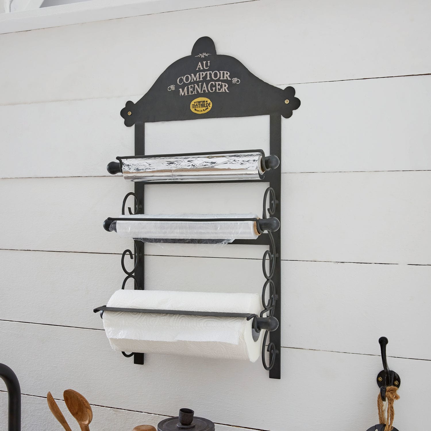 Dispensador Isigny Soporte de pared negro de metal para papel de aluminio, film transparente y papel de cocina