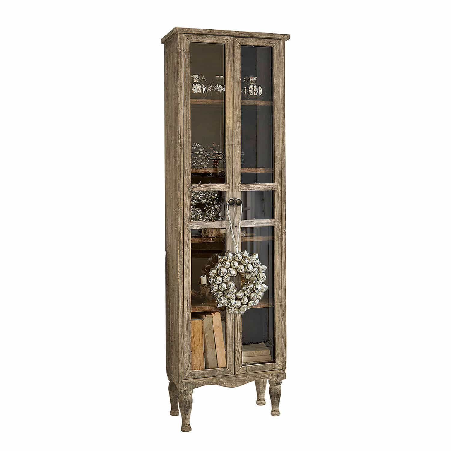 Armario Covent Garden Vitrina estrecha de madera con puertas de cristal y corona decorativa, mueble rústico