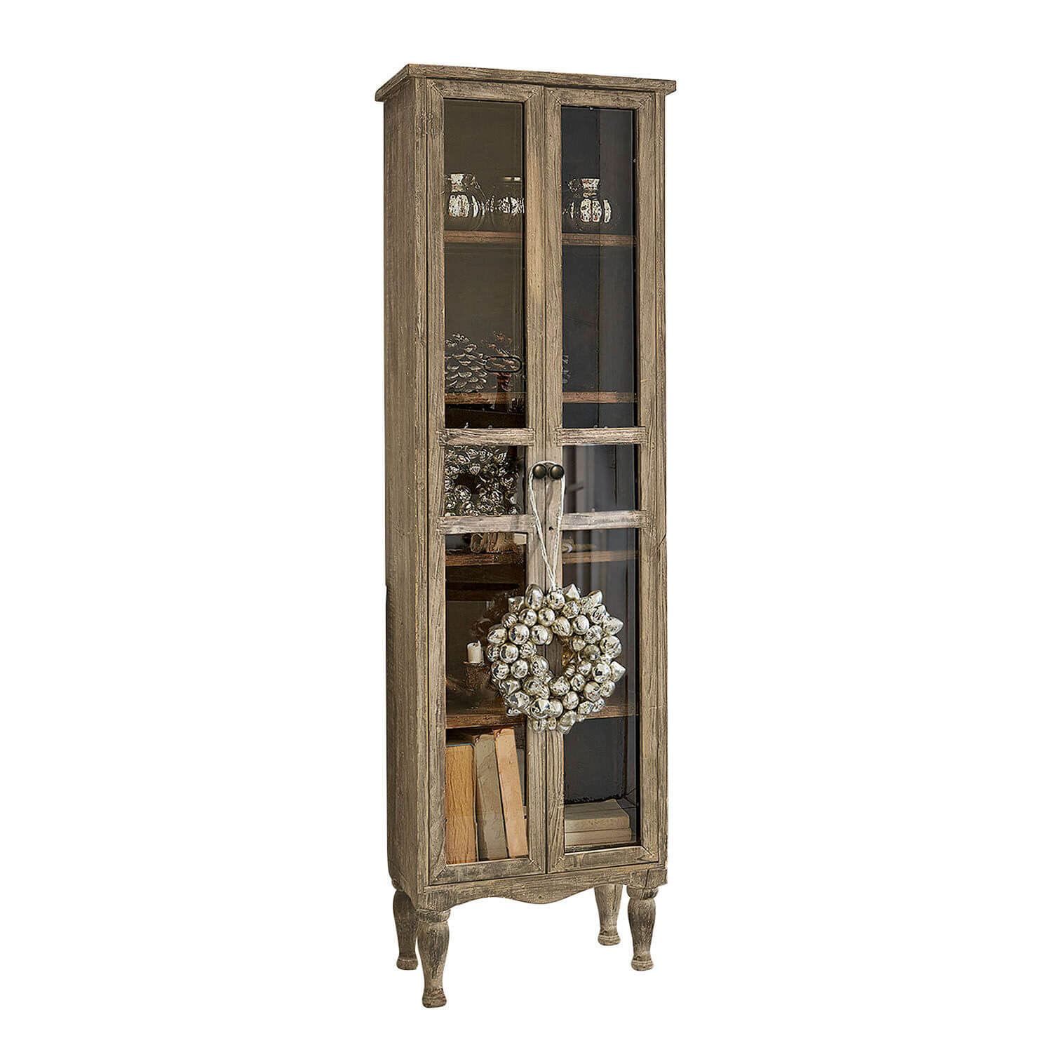 Armario Covent Garden Vitrina estrecha de madera con puertas de cristal y corona decorativa, mueble rústico