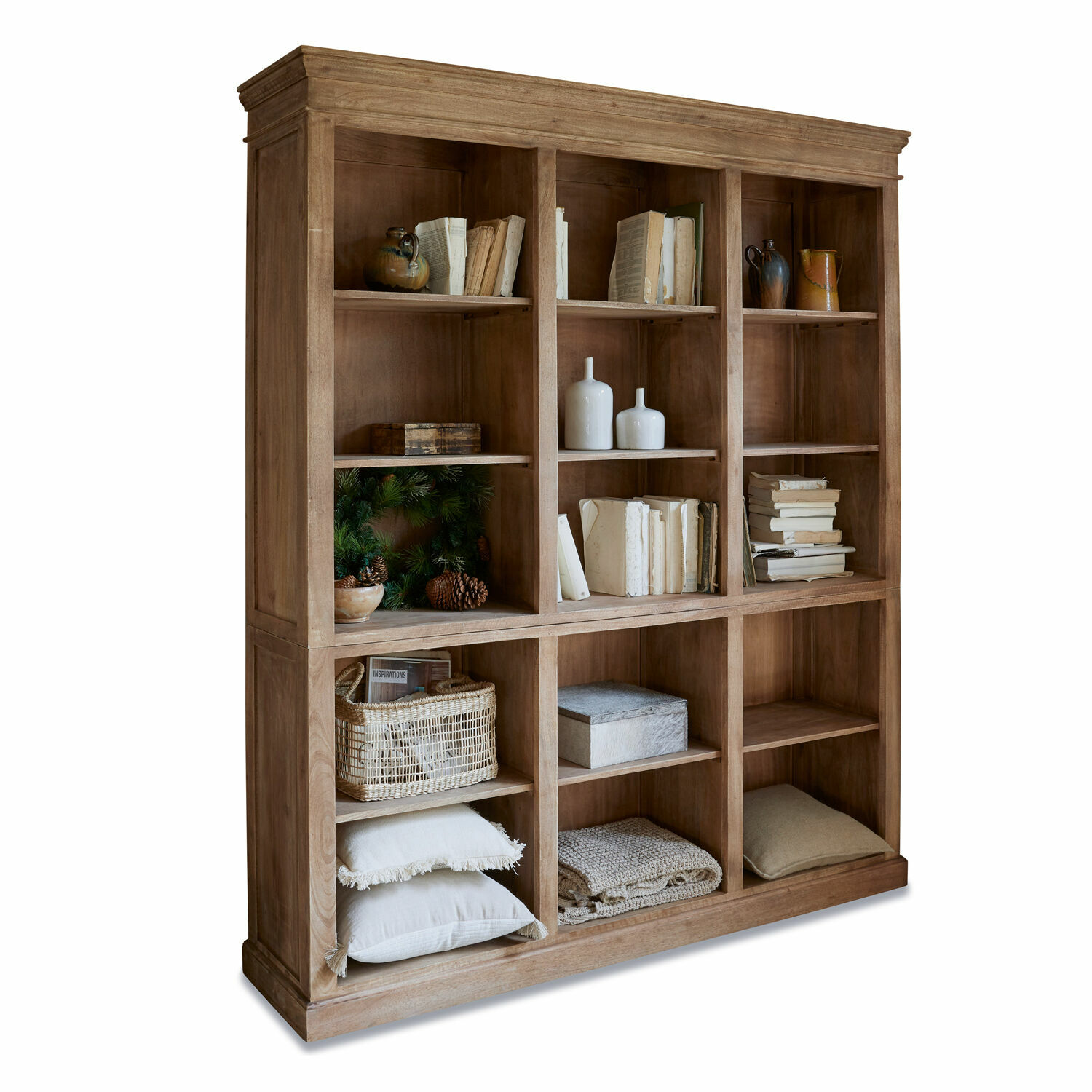 Estantería Alamoni Gran estantería de madera natural con nueve compartimentos, decoraciones y libros, mueble para salón