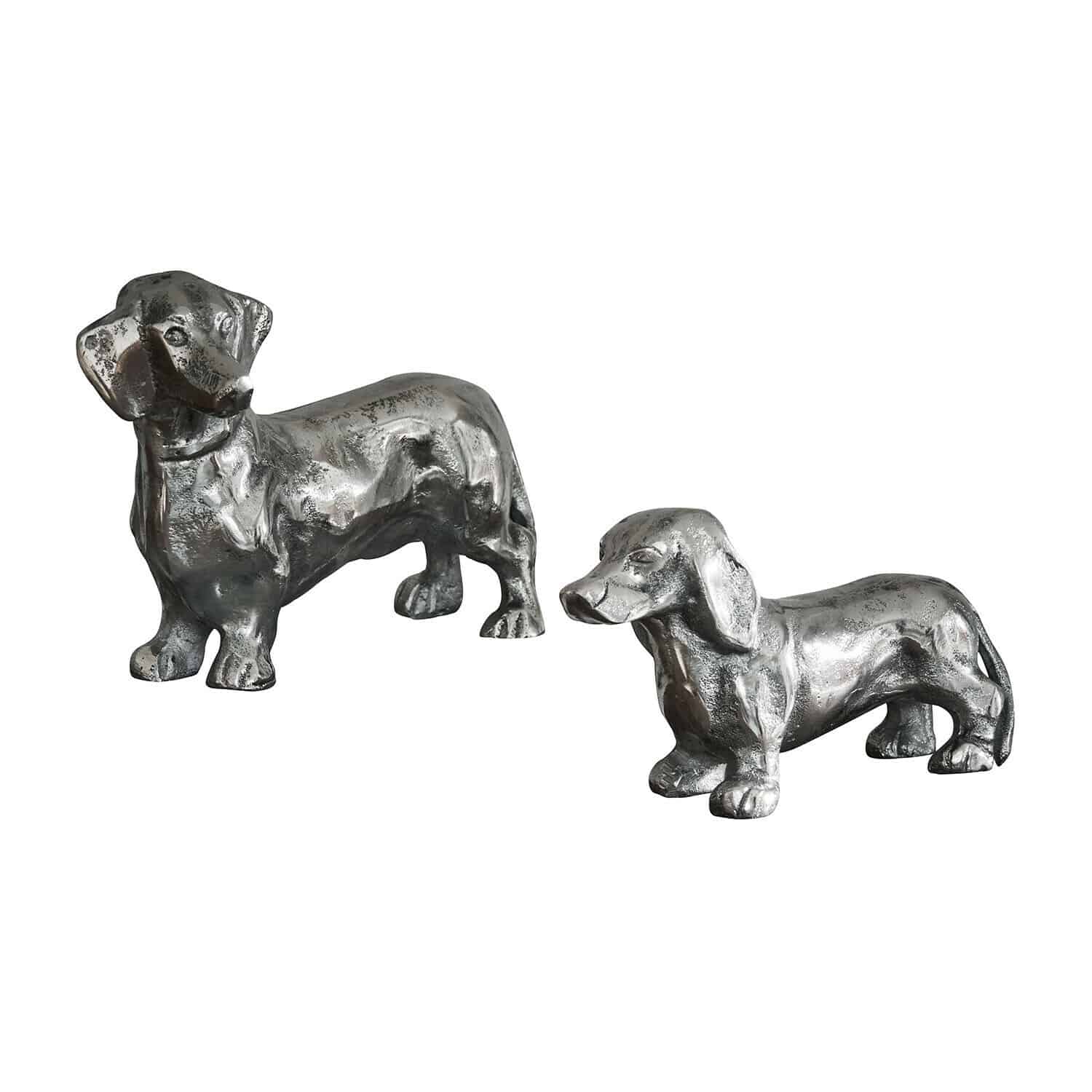 Dos figuras de teckel plateadas de metal, decoración interior con motivo de perro, adorno de mesa