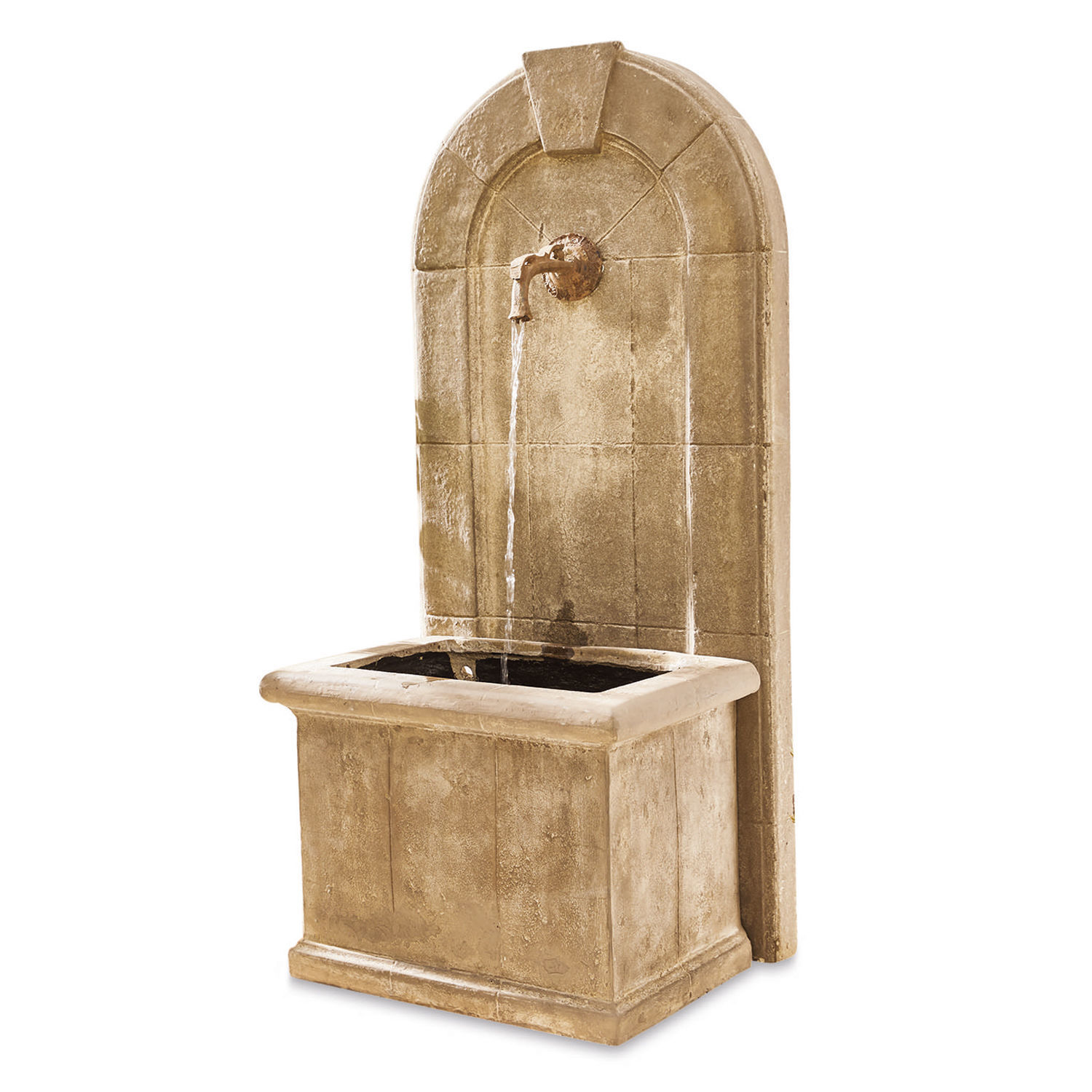 Fuente Ginette Fuente de pared decorativa de piedra beige con grifo metálico y chorro de agua