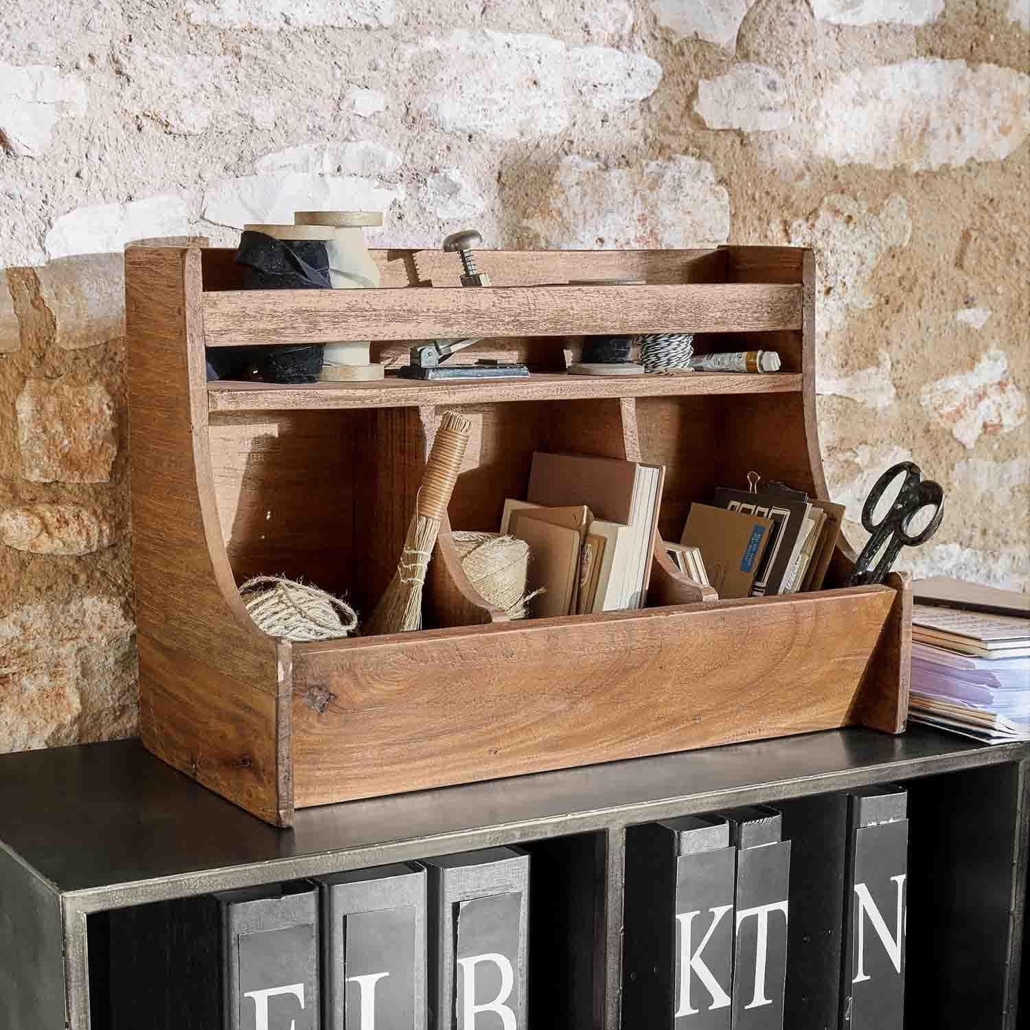 Organizador de escritorio de madera natural con compartimentos para documentos y útiles