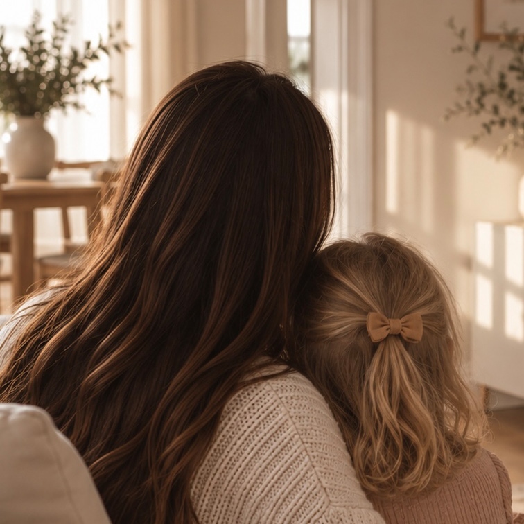 Mujer con cabello largo castaño y niña con lazo en el cabello rubio en un ambiente acogedor