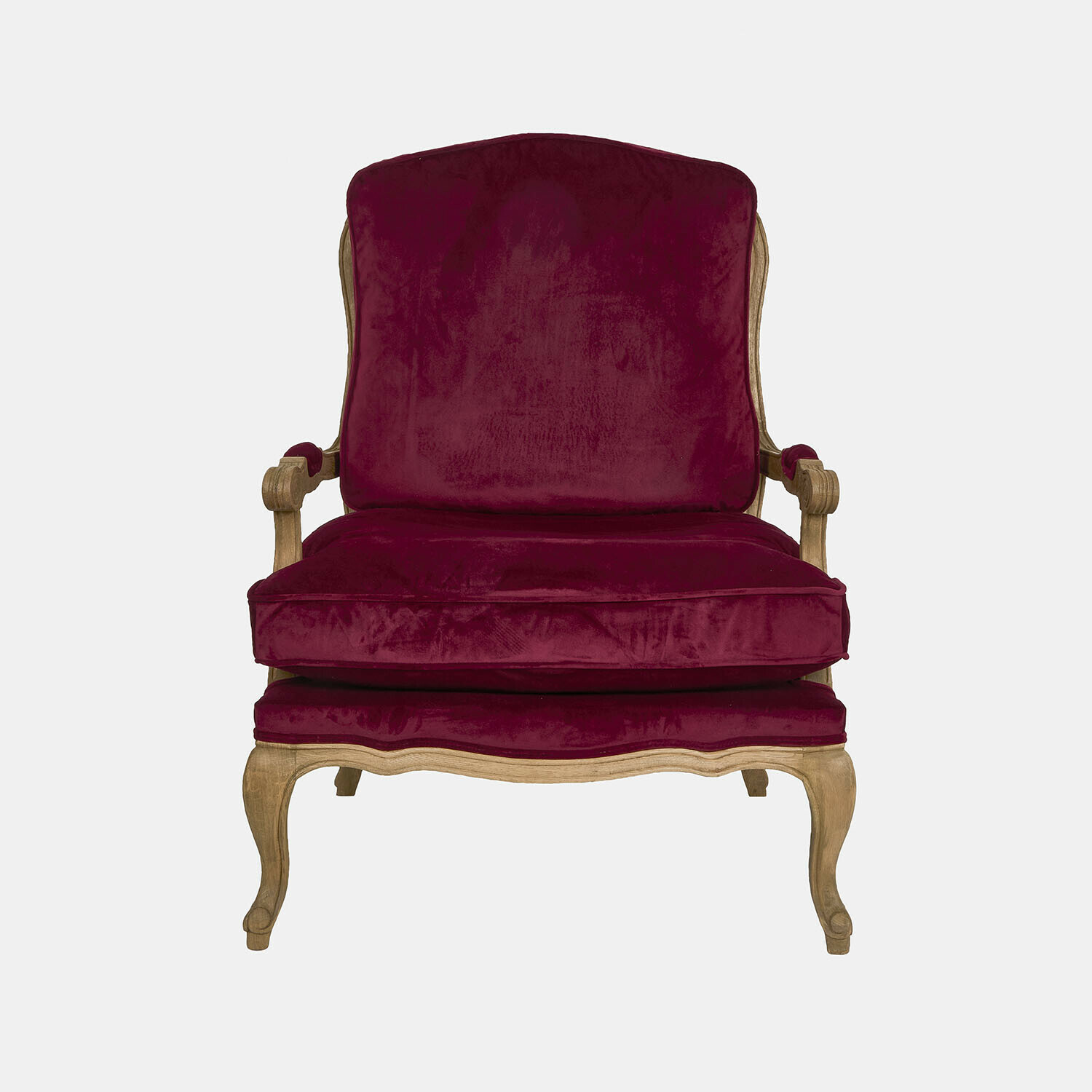 burdeos/marrón Sillón Corlay de terciopelo burdeos con estructura de madera marrón, mueble elegante para salón