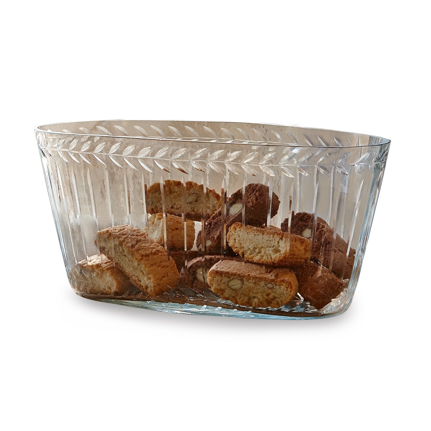 Cuenco de cristal transparente con diseño de hojas, lleno de galletas crujientes de almendra