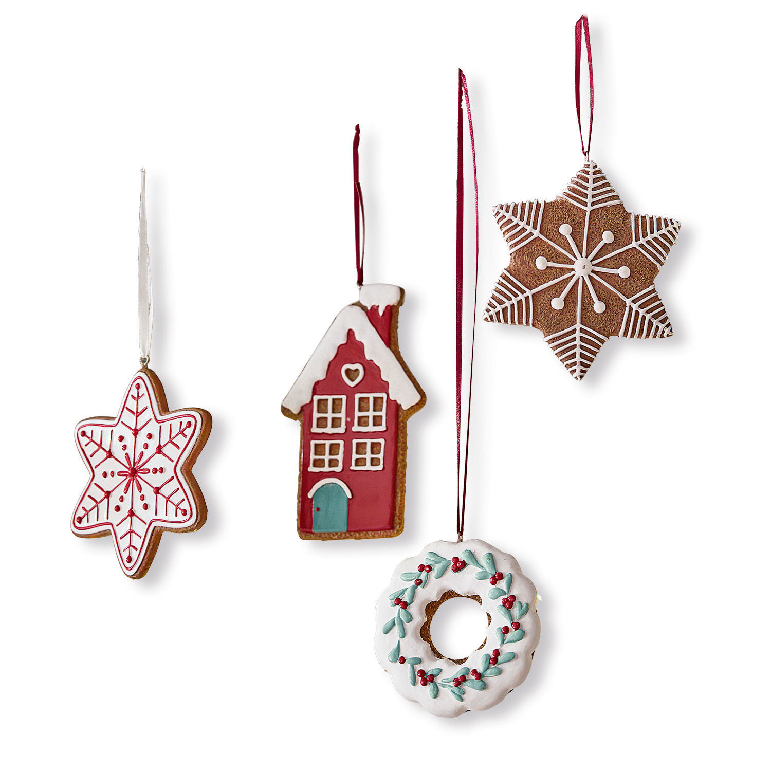 Set de 4 colgantes Hestur Conjunto de cuatro adornos navideños de jengibre con glaseado blanco y rojo para árbol
