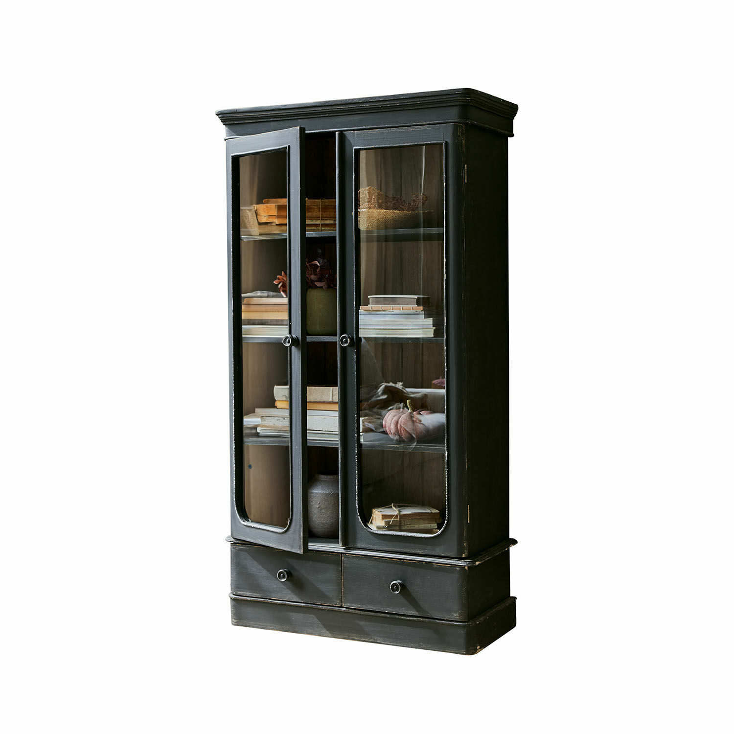 Vitrina negra de madera con puertas de cristal y cajones para libros y decoración