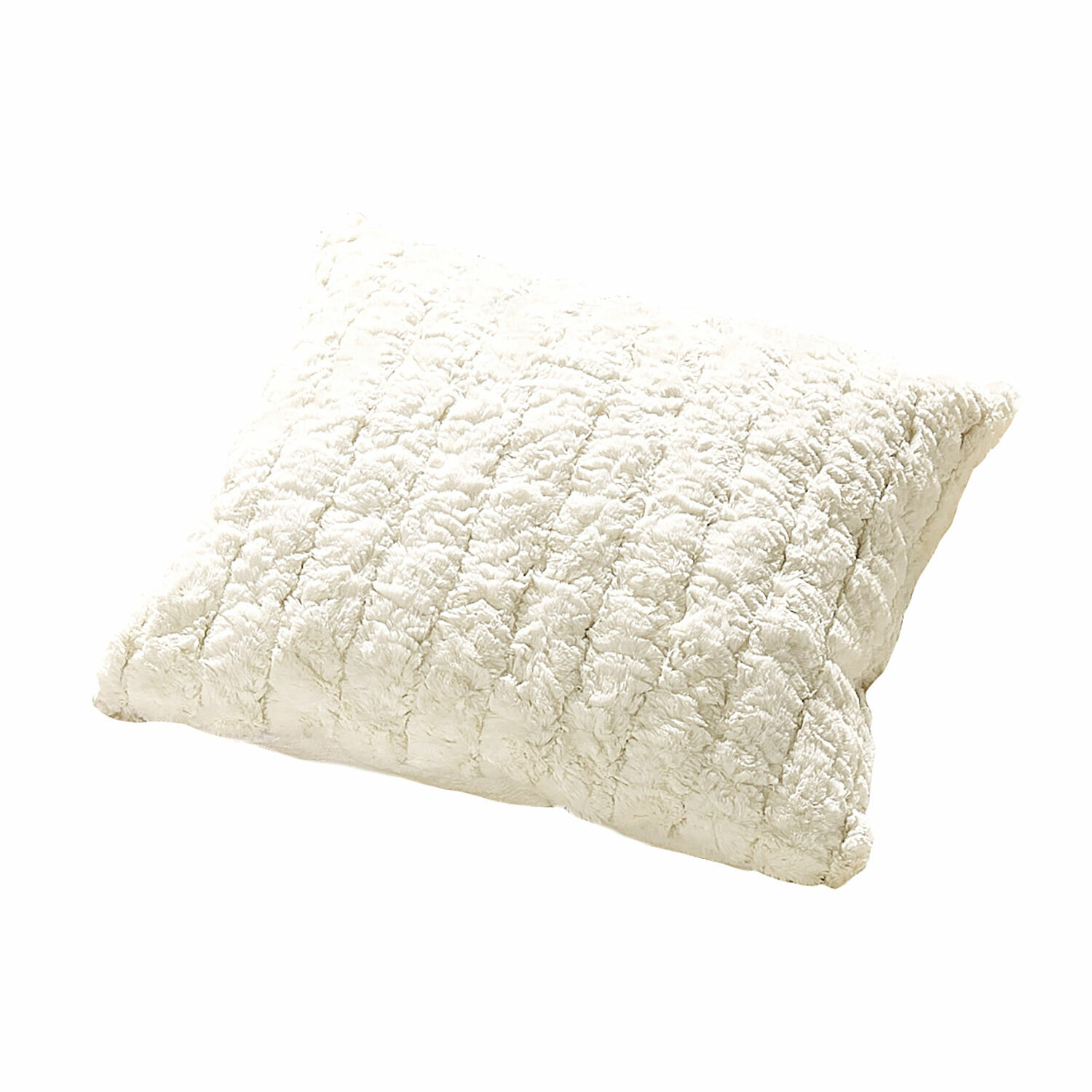 Cojín crema suave de material peludo con diseño decorativo, ideal para sala de estar