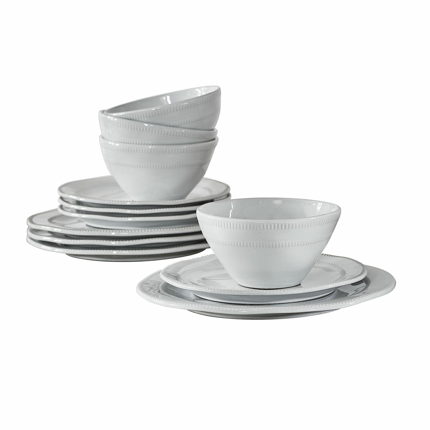 Vajilla de 12 piezas Alentejo Juego de vajilla de porcelana blanca con cuencos y platos, diseño elegante para comedor
