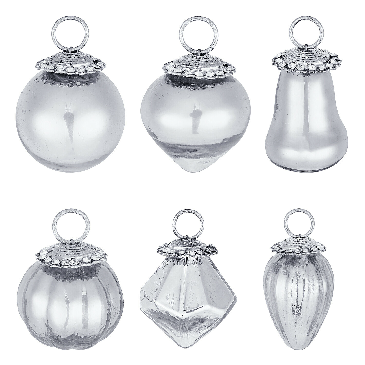 Set de 6 adornos navideños Levier Conjunto de seis adornos navideños de vidrio transparente con diferentes formas y colgantes metálicos