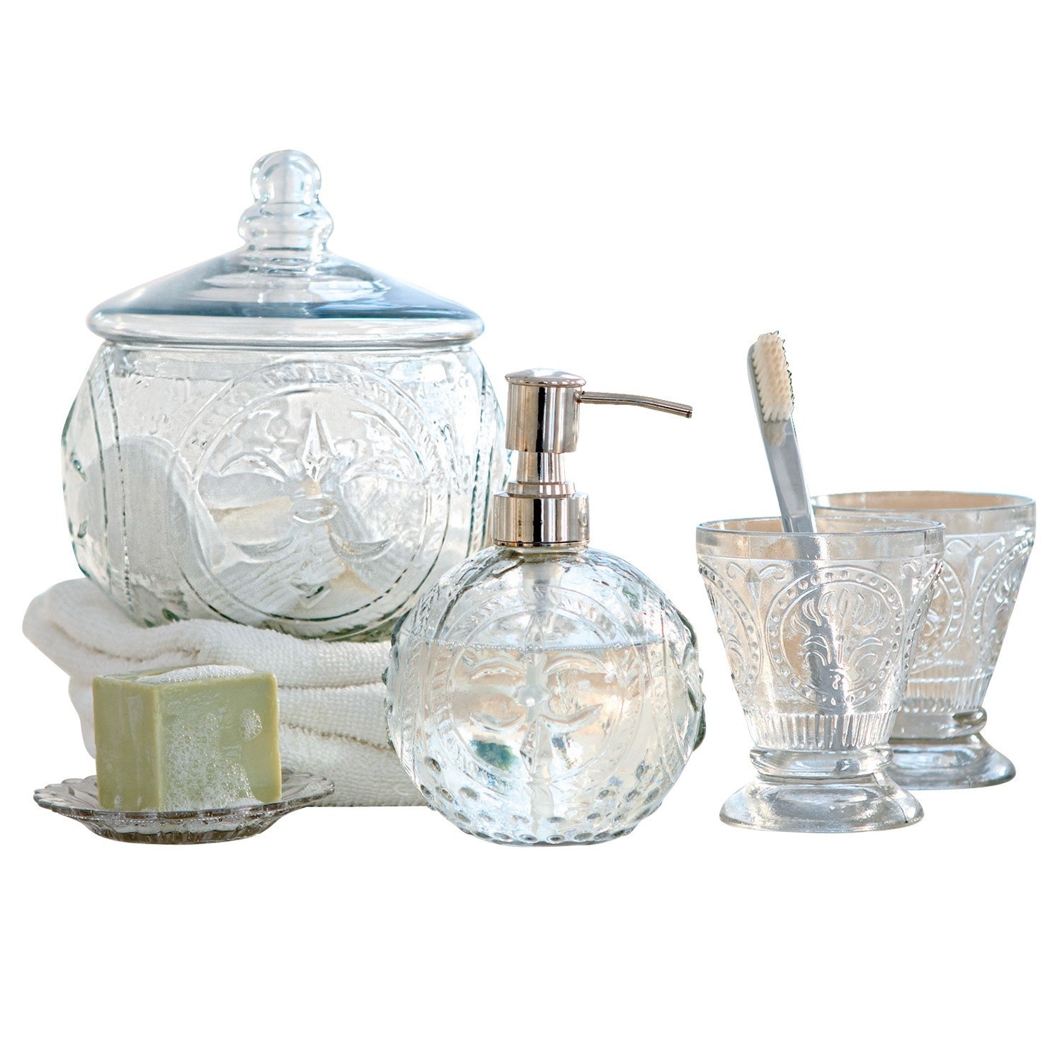 Set de baño Luton Set de baño de vidrio transparente con dispensador y frasco decorado con diseño elegante