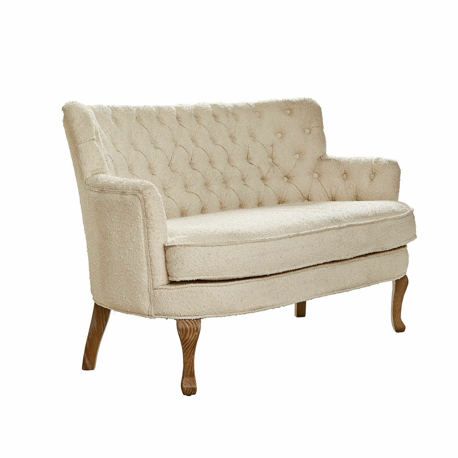 Sofá de dos plazas beige de tela bouclé con patas de madera, mueble elegante para salón