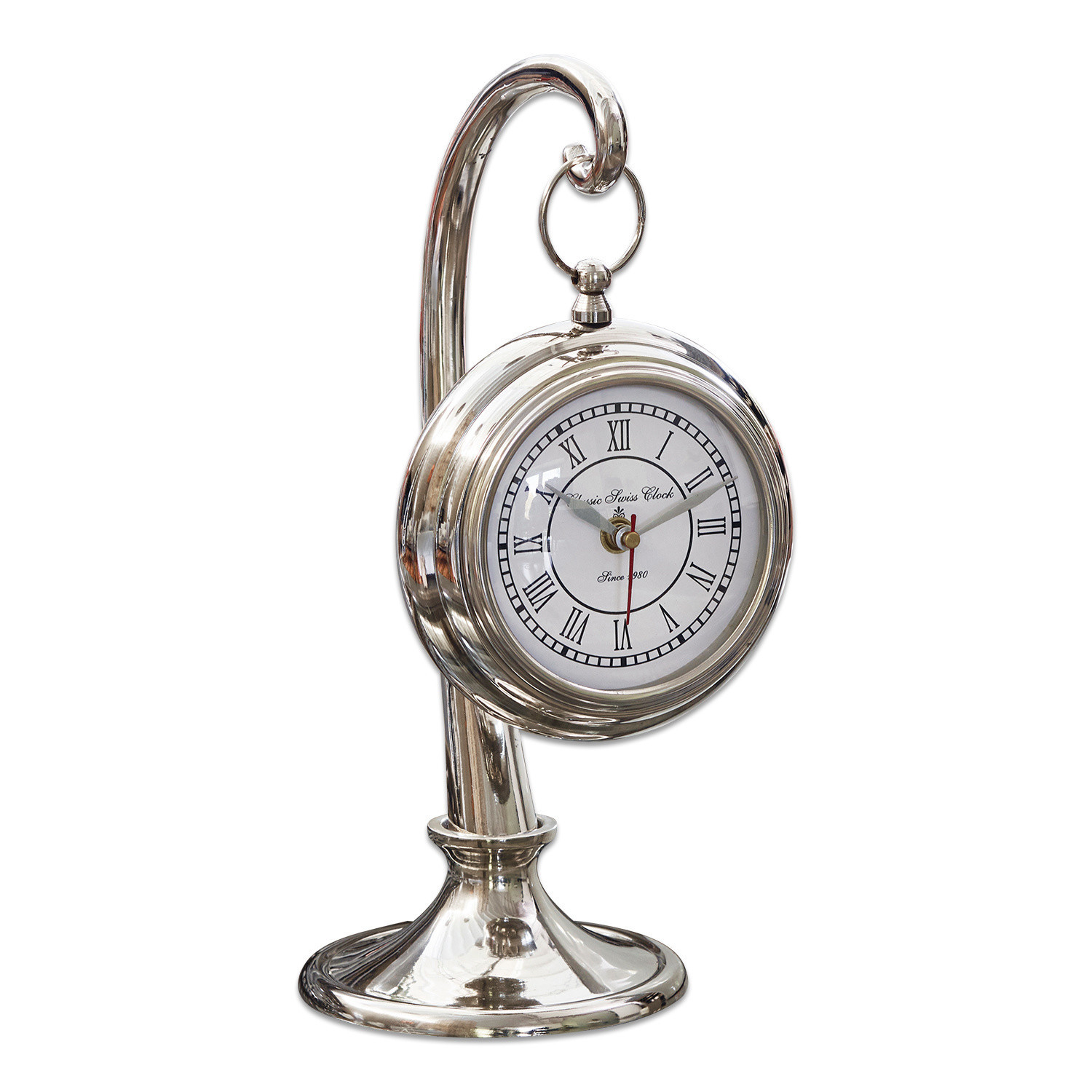 Reloj Barbe Reloj de mesa plateado con base metálica y esfera blanca con números romanos