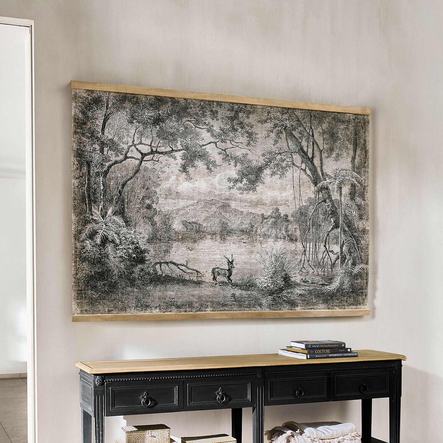 Cuadro mural en blanco y negro con paisaje y ciervo, decoración elegante para salón