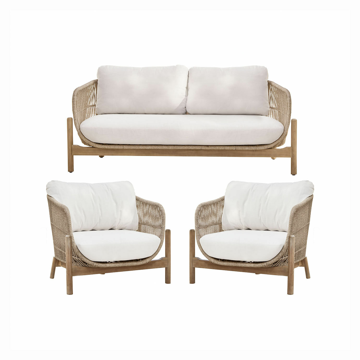 Grupo de asientos FSC®-100% Belvidere Conjunto de muebles de ratán beige con cojines beige claro y estructura de madera natural