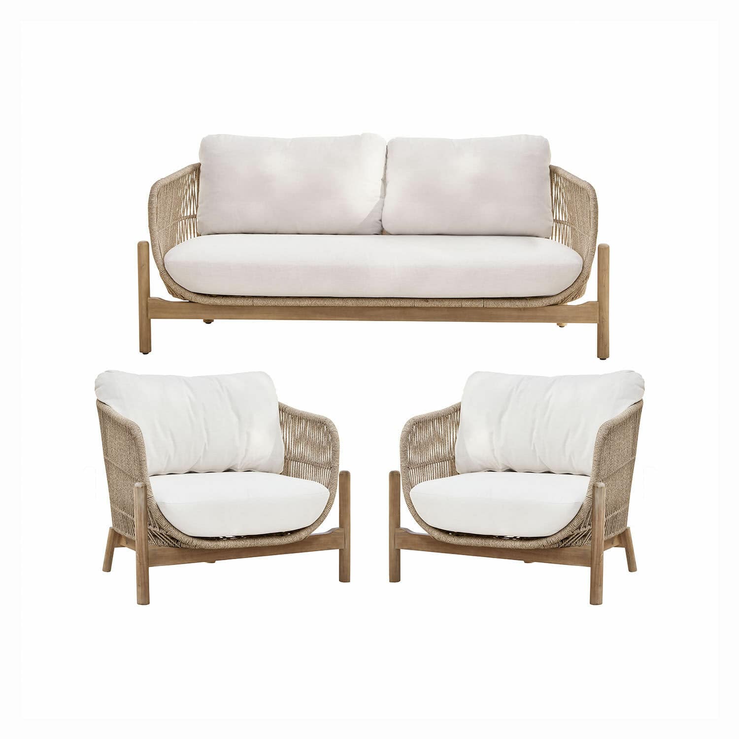 Grupo de asientos FSC®-100% Belvidere Conjunto de muebles de ratán beige con cojines beige claro y estructura de madera natural