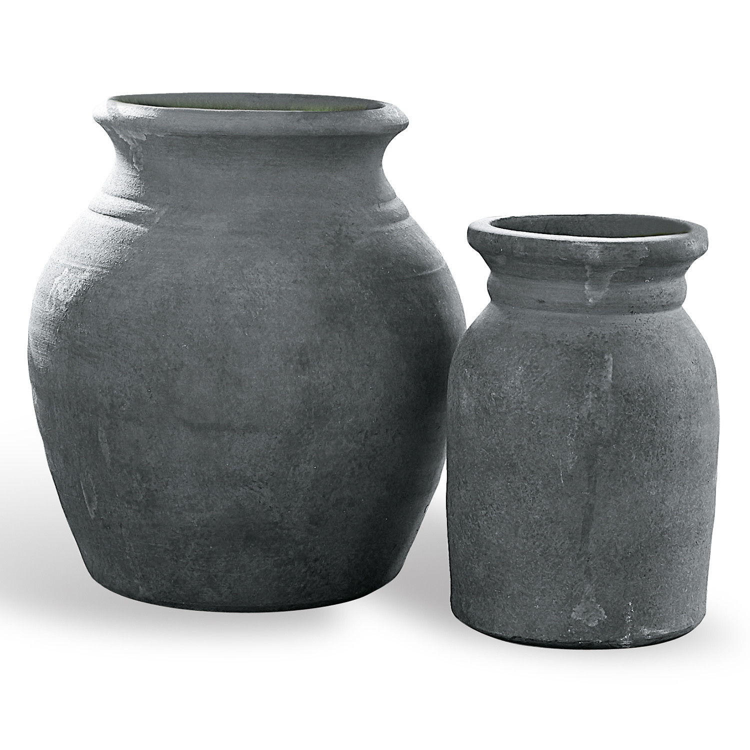 Set de 2 jarrones Molduc Conjunto de dos jarrones de cerámica gris con diseño rústico para decoración interior y exterior