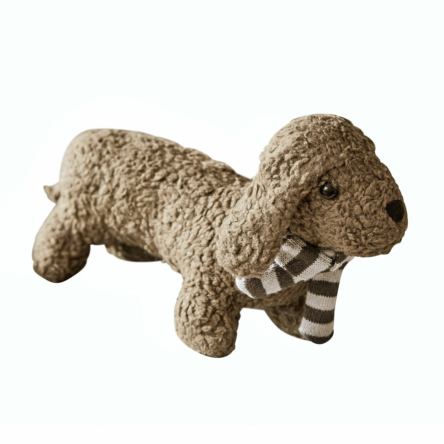 Peluche sonajero Frolicks Perro de peluche marrón de material suave con bufanda a rayas gris y blanca, decoración