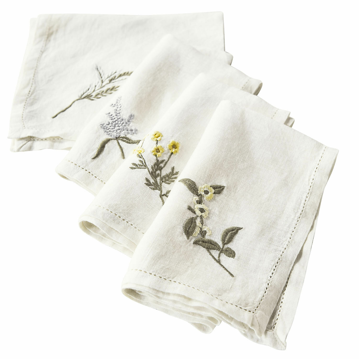 Set de 4 servilletas Lentilly Juego de servilletas de lino blanco con bordados florales naturales, decoración elegante para mesa