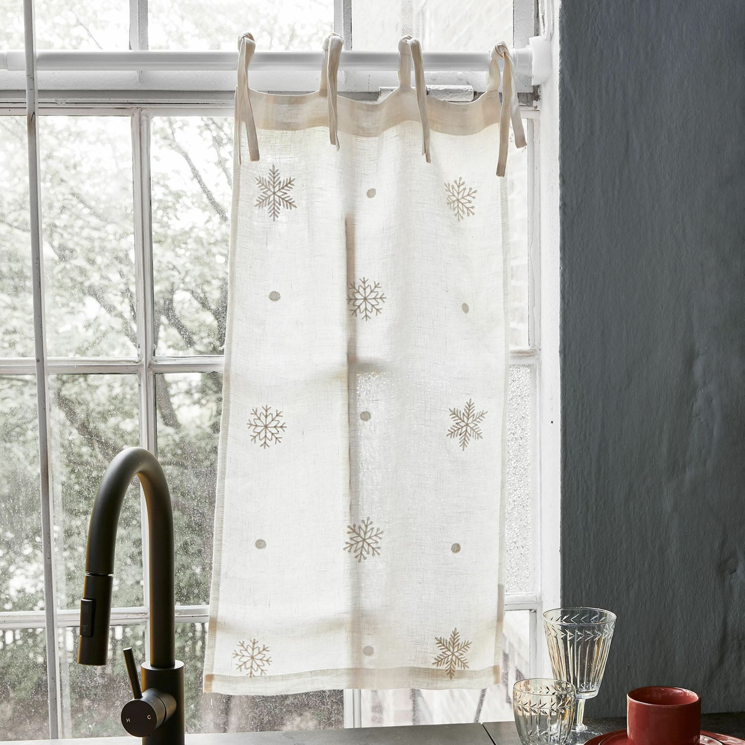 Visillo Rashona Cortina de lino beige con diseño de copos de nieve, decoración natural para ventana de cocina, tela ligera