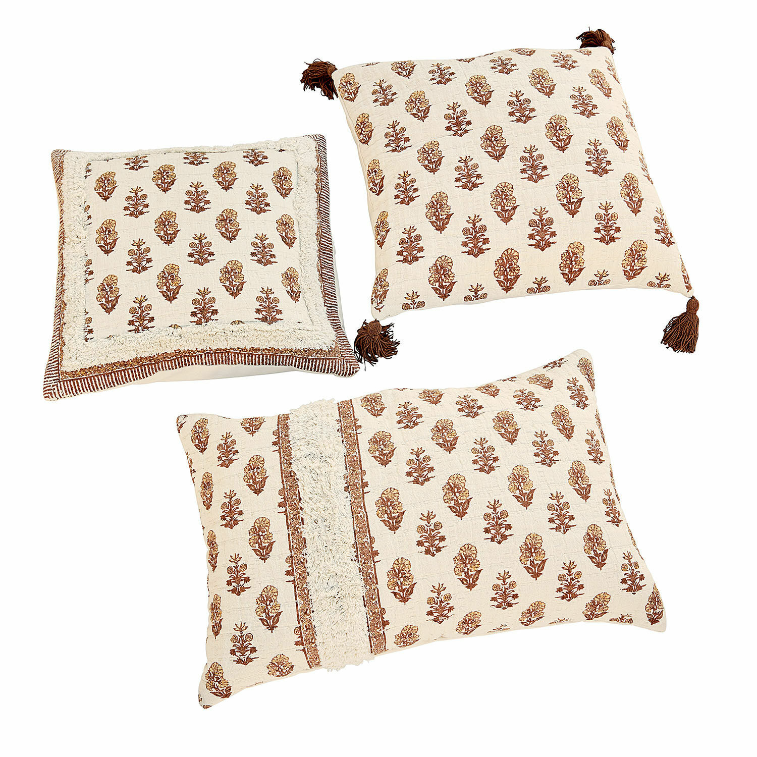 Set de 3 fundas de cojín Arsalan Conjunto de tres cojines decorativos de algodón crema con diseño floral marrón para sala