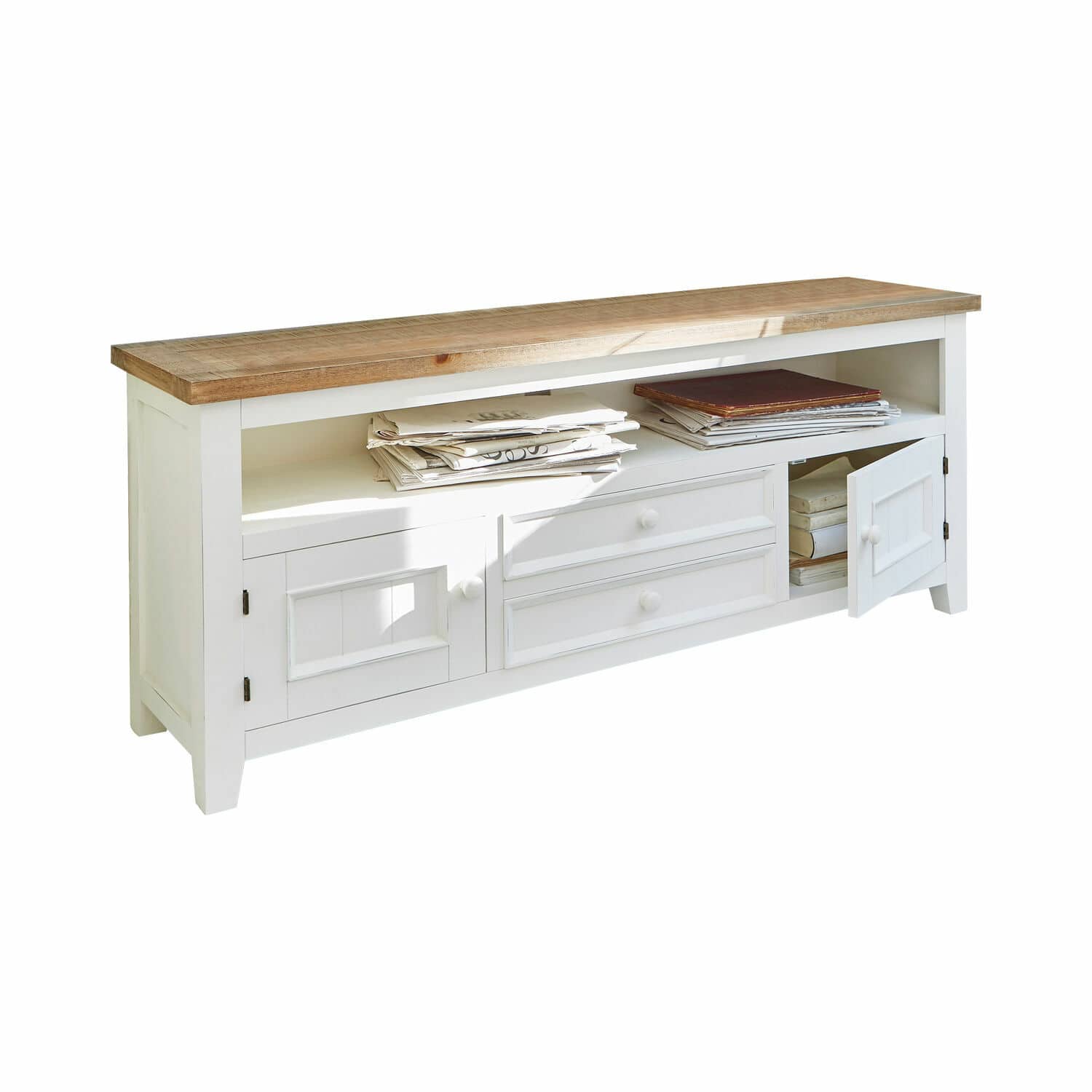 Aparador Yukon Aparador blanco de madera con estantes y cajones, superficie de madera natural, mueble de almacenamiento