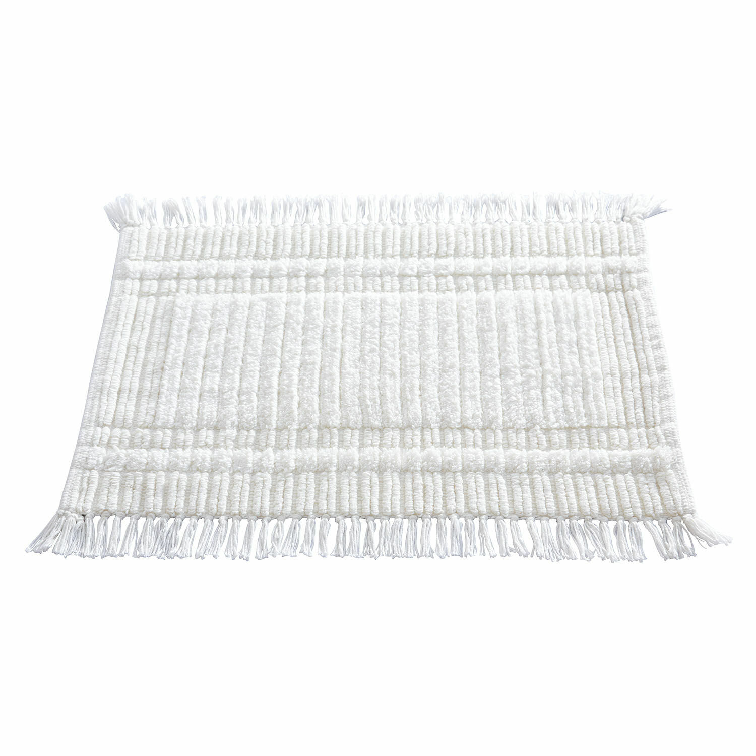 Alfombrilla de baño blanca Nexilo con flecos, absorbente y antideslizante, ideal para baño