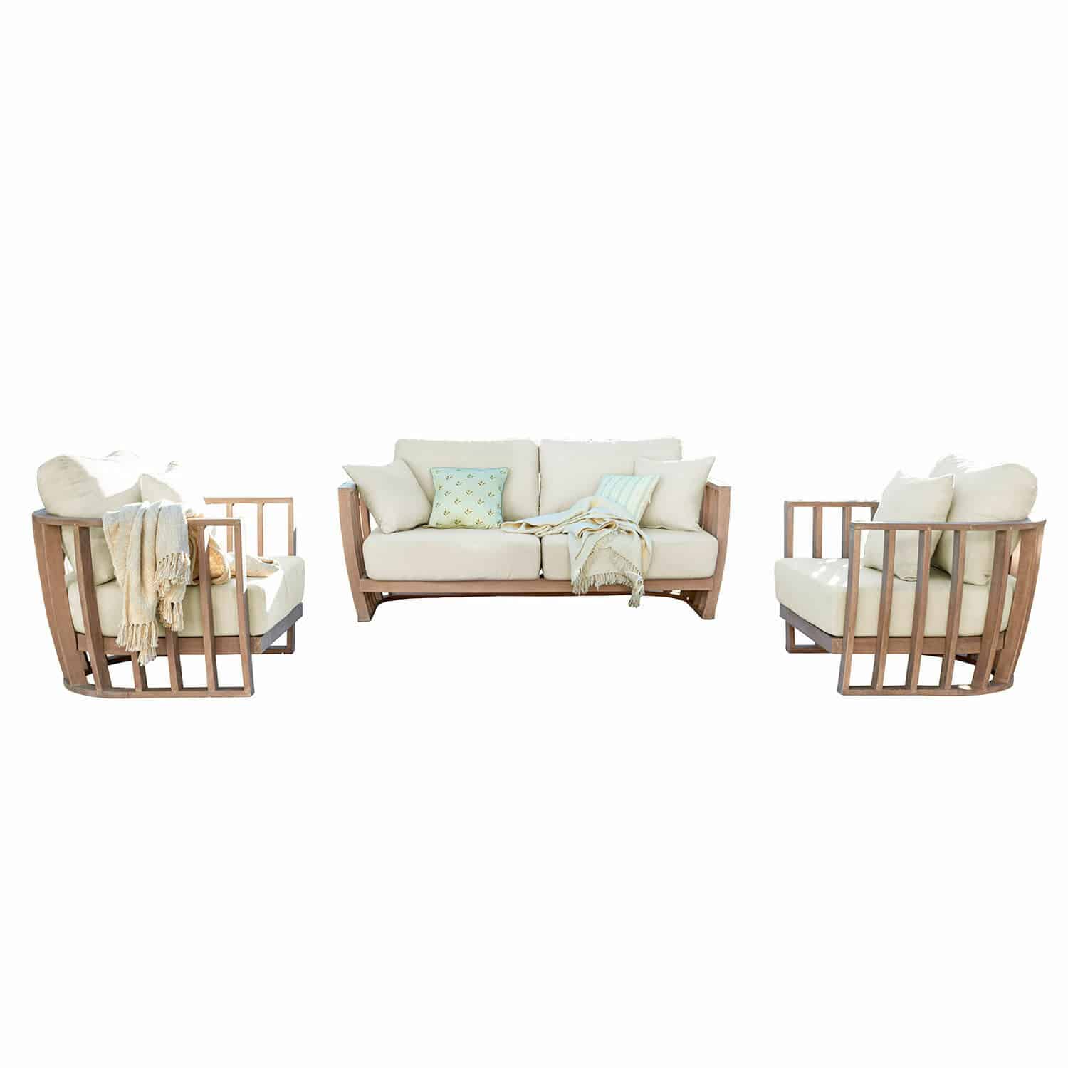 Grupo de asientos FSC®-100% Vézère Conjunto de muebles de madera con cojines crema, diseño moderno para sala de estar