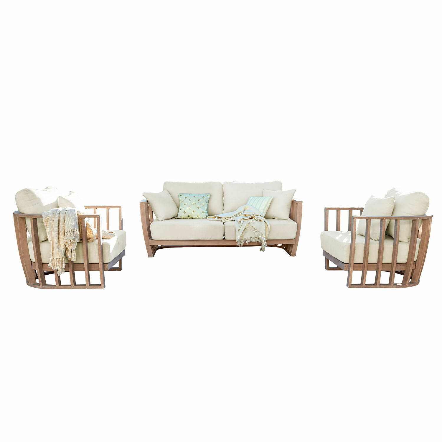 Grupo de asientos FSC®-100% Vézère Conjunto de muebles de madera con cojines crema, diseño moderno para sala de estar