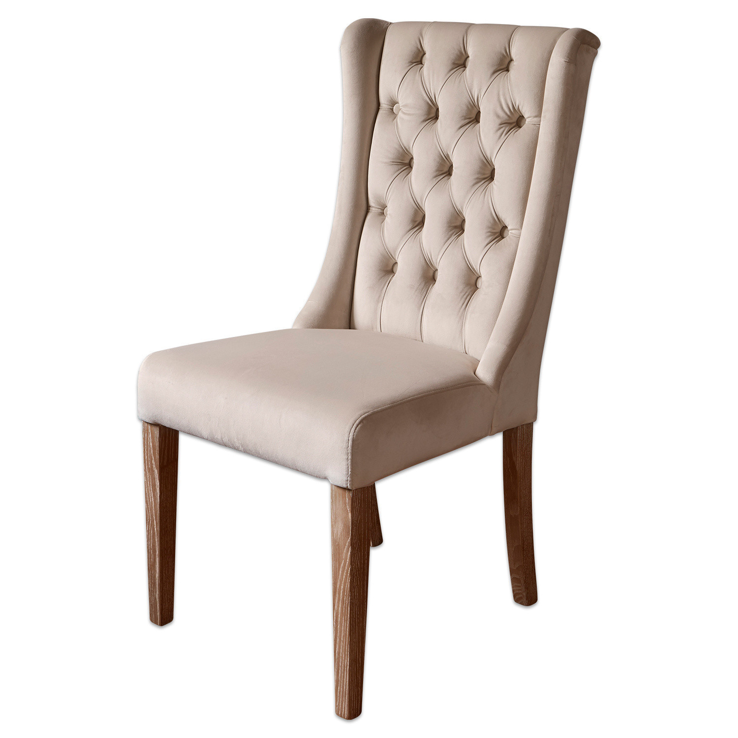 Silla beige tapizada con respaldo capitoné y patas de madera para comedor