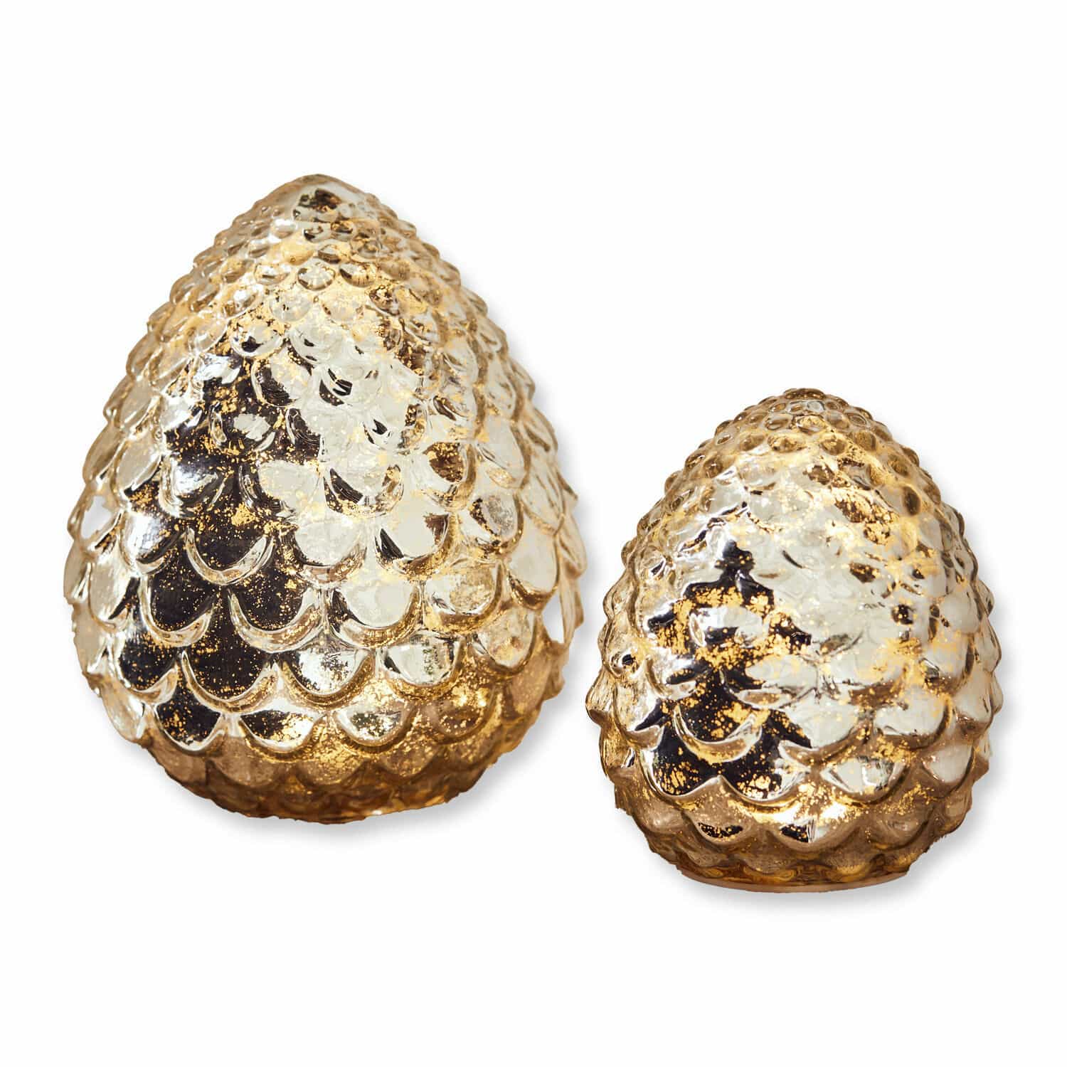 Set de 2 conos LED Ibaque Dos piñas decorativas de vidrio dorado con textura de escamas para decoración interior