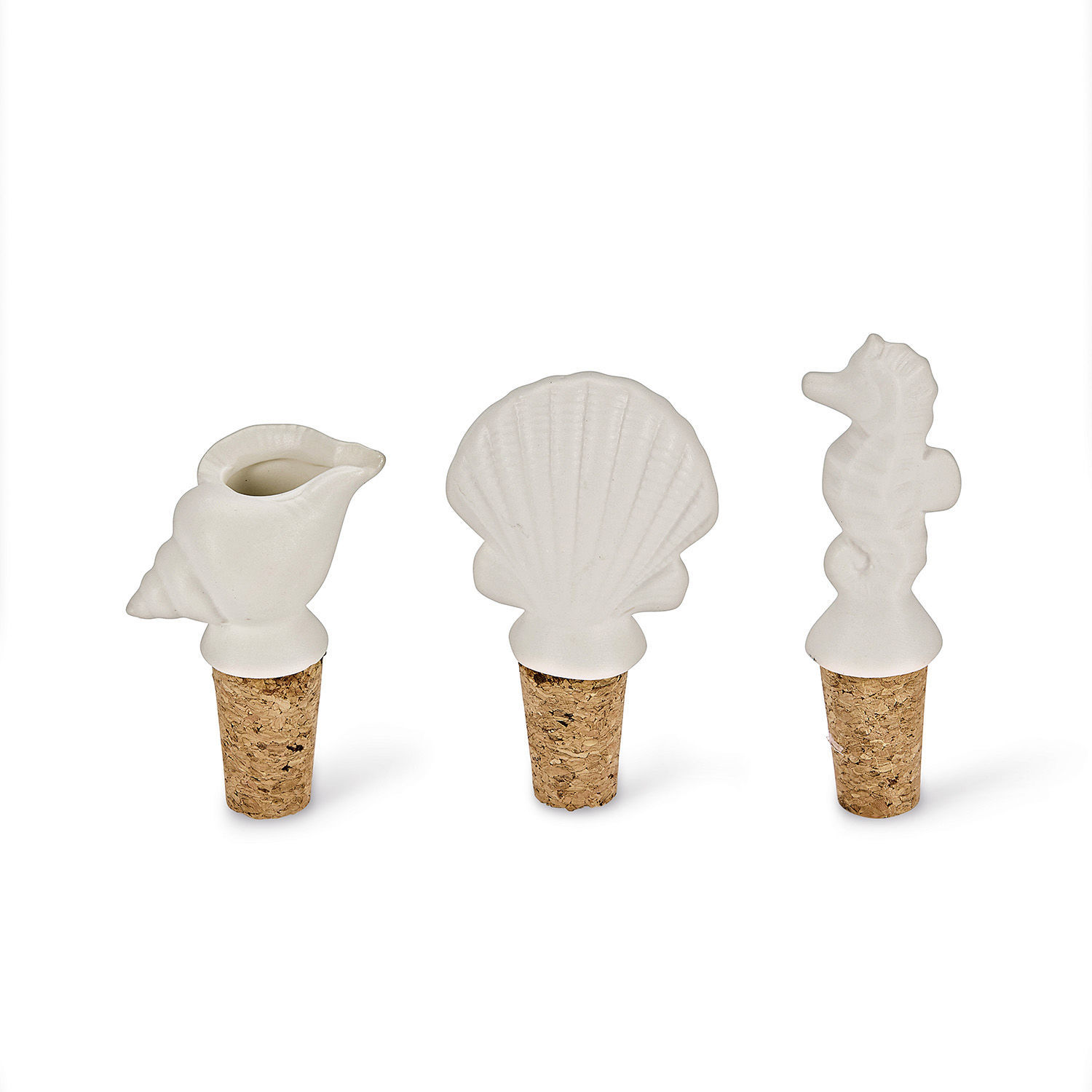 Set de 3 tapones de botella Frisennier Juego de tapones para botellas de cerámica blanca con formas de concha, caballito de mar y caracola