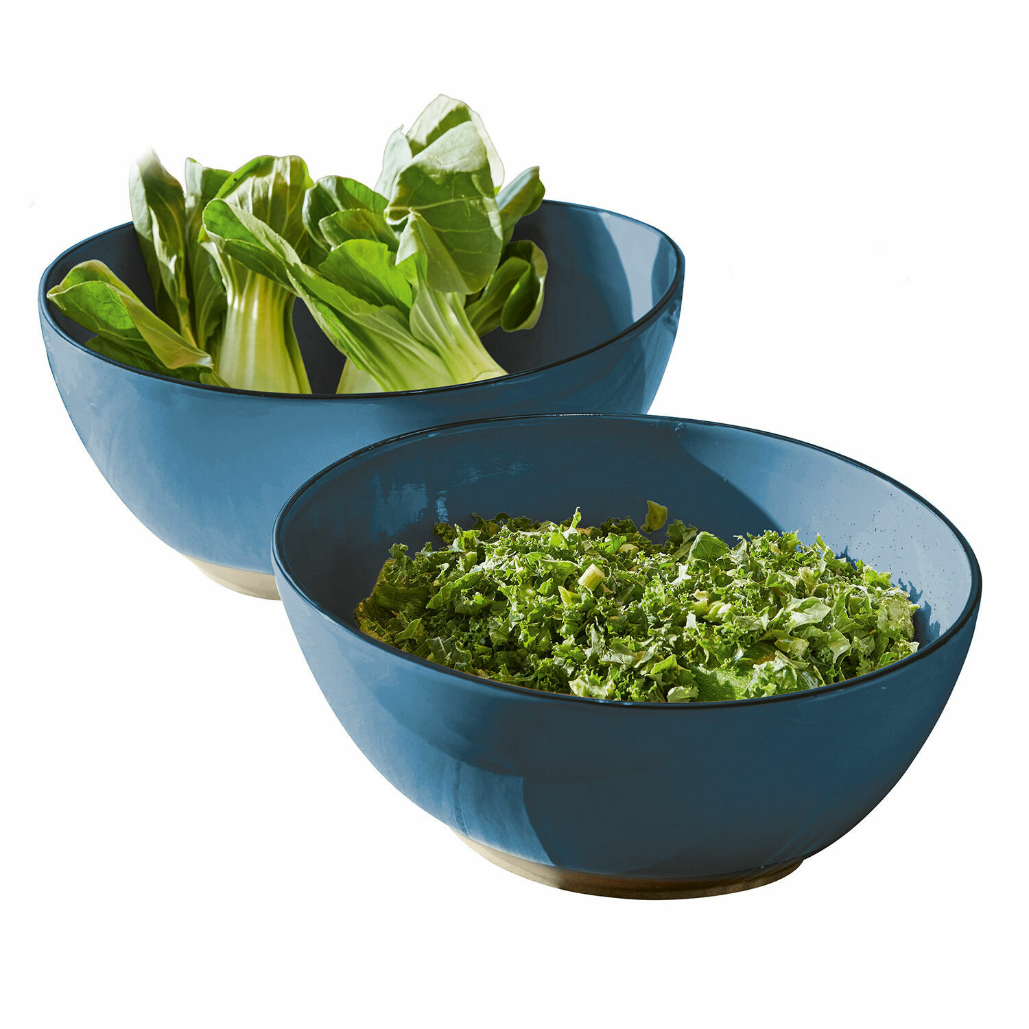 Set de 2 ensaladeras Biarré Dos cuencos de cerámica azul con hojas verdes, ideales para ensaladas y cocina